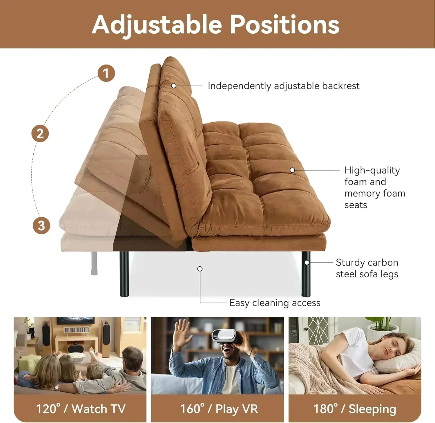 Brown loveseat convertible sofa memory foam futon sofa bed modern sleeper sofa wourant
