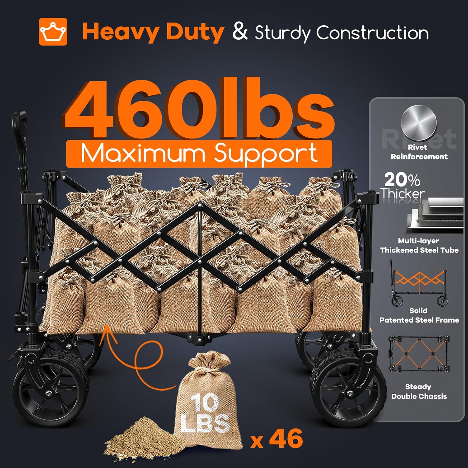 38" long foldable four-wheel stroller 460 lb capacity 220 liter folding beach stroller wourant