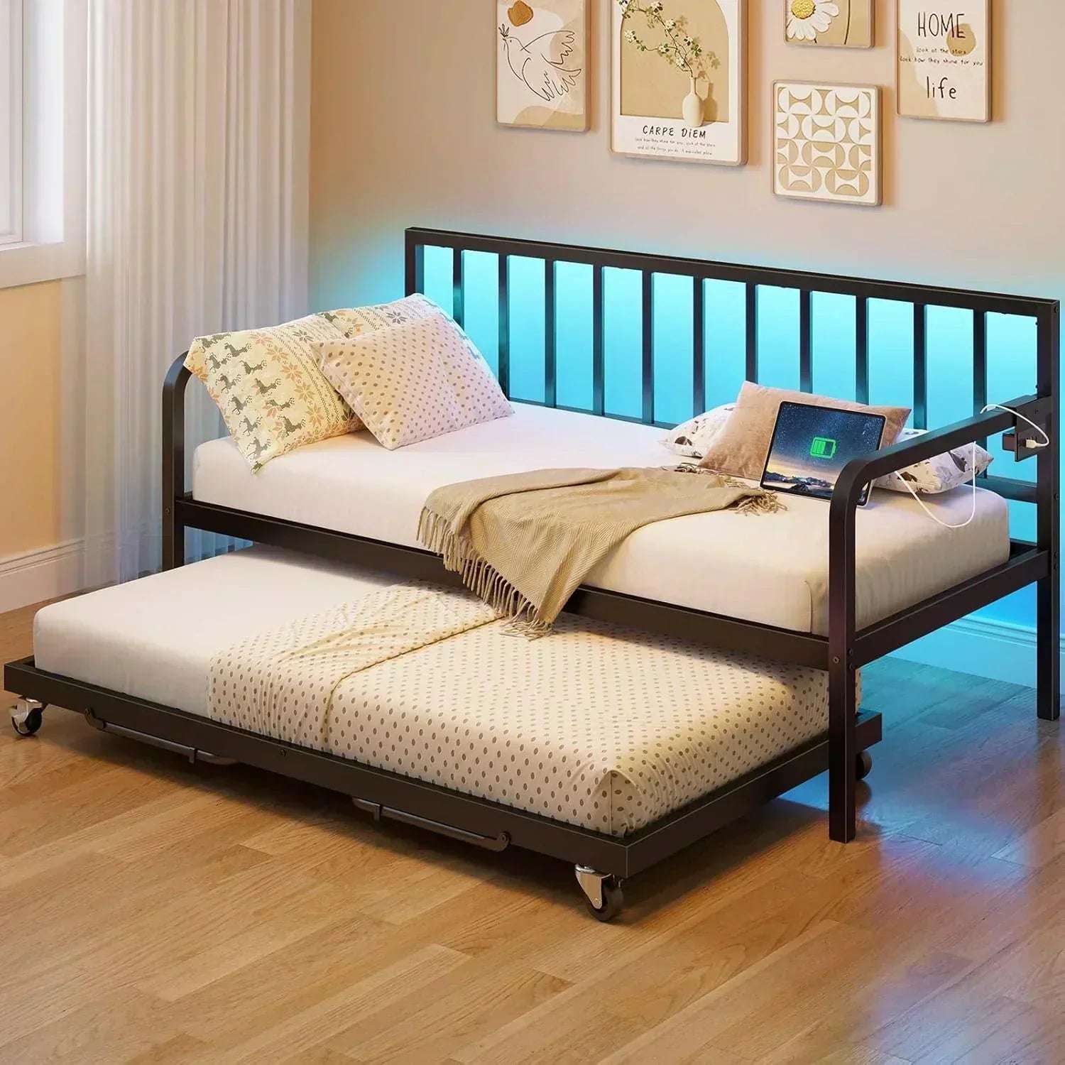 Rolanstar Daybed with Charging Station and LED Lights Height Adjustable Twin Daybed wourant