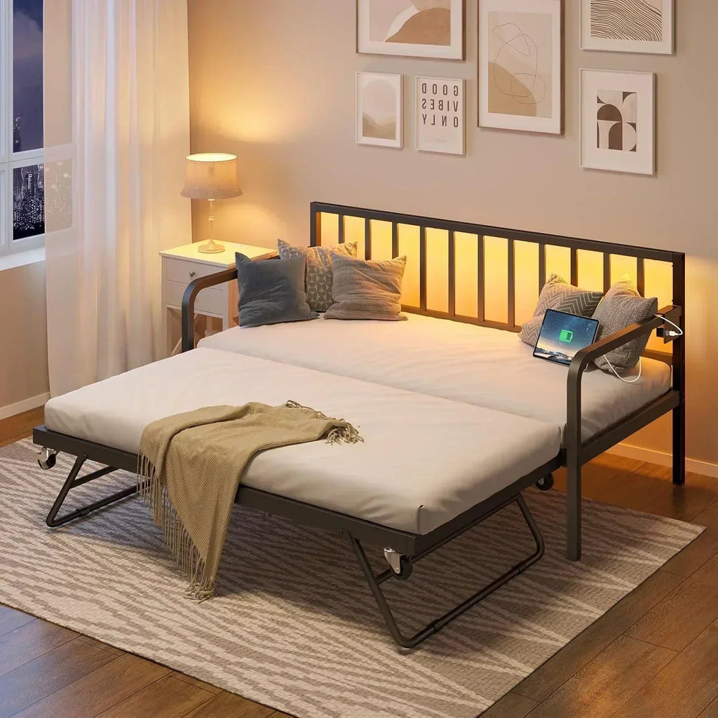 Rolanstar Daybed with Charging Station and LED Lights Height Adjustable Twin Daybed wourant