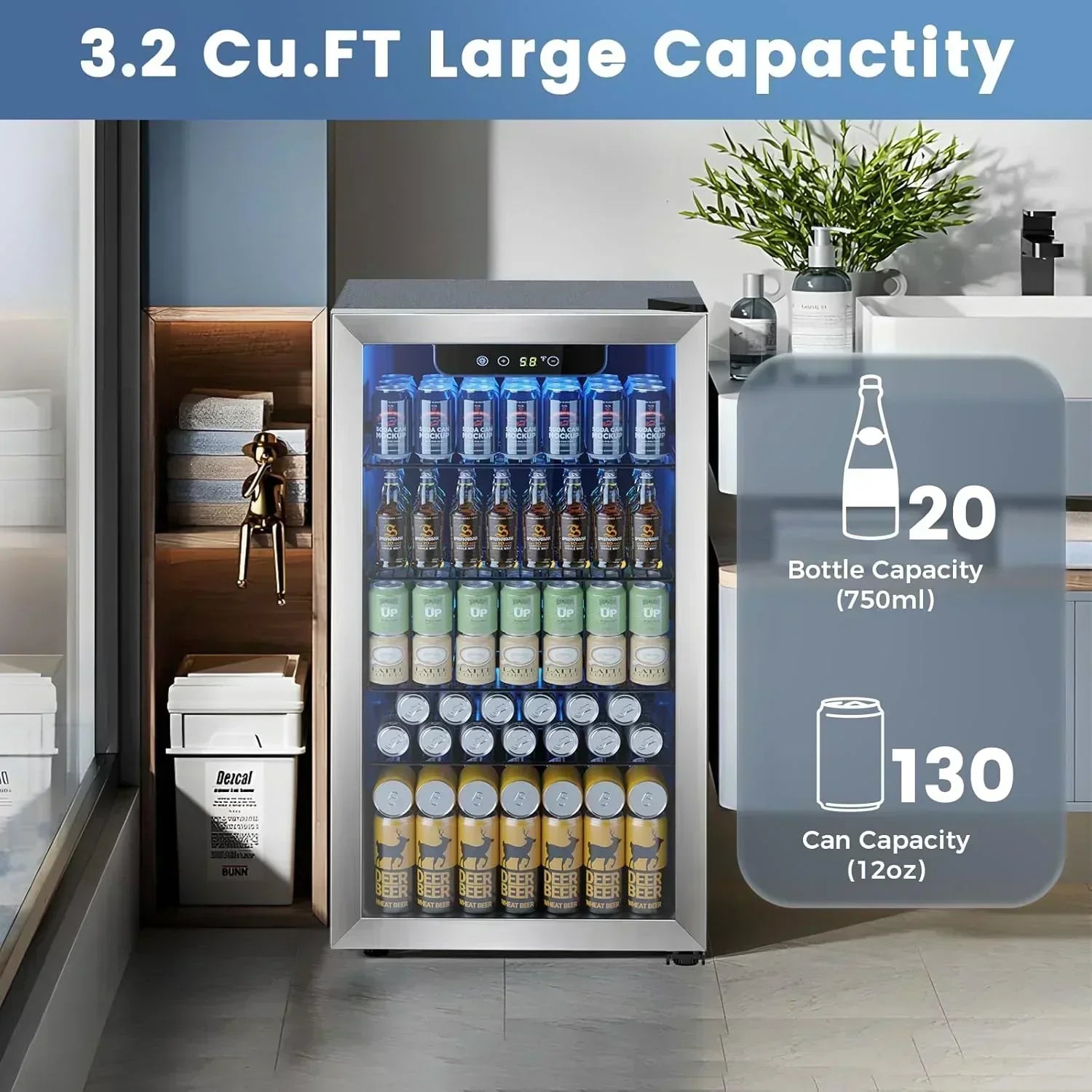 Mini Fridge 130 Can Beverage Refrigerator Cooler Drink Fridge Adjustable Temperature Control wourant