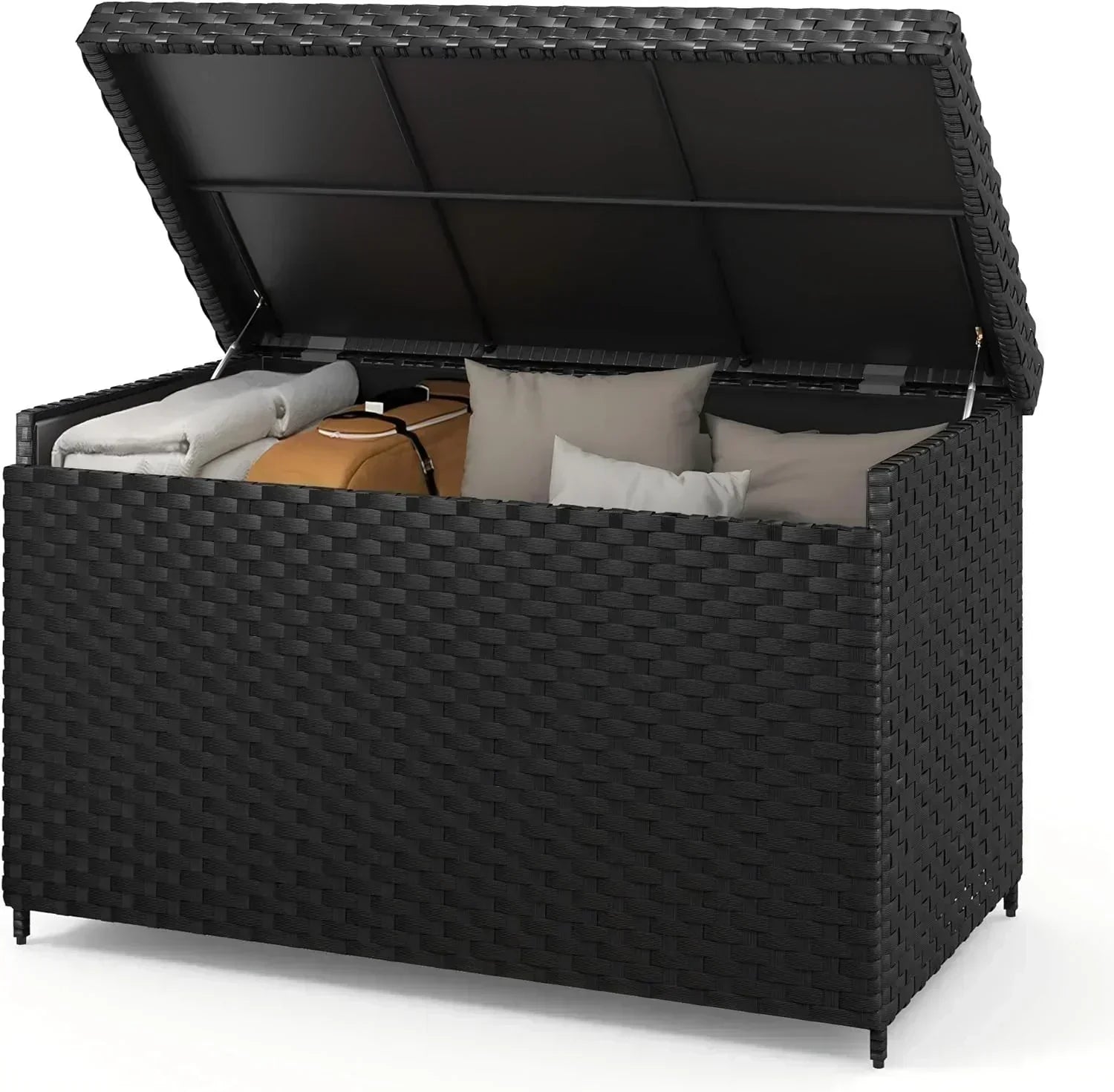 DWVO 70Gal Outdoor Storage Bench with Cushion Composite Wood Backrest Wicker Deck Bench wourant