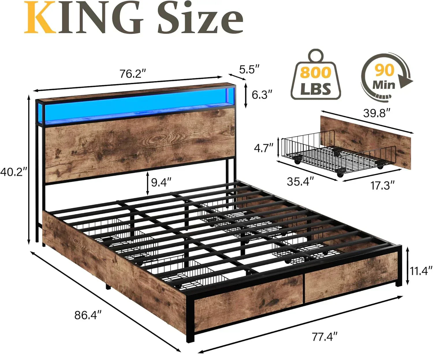 Lifezone Queen Bed Frame 2-Tier Storage Headboard Metal Platform Bed Frame 4 Storage Drawers wourant