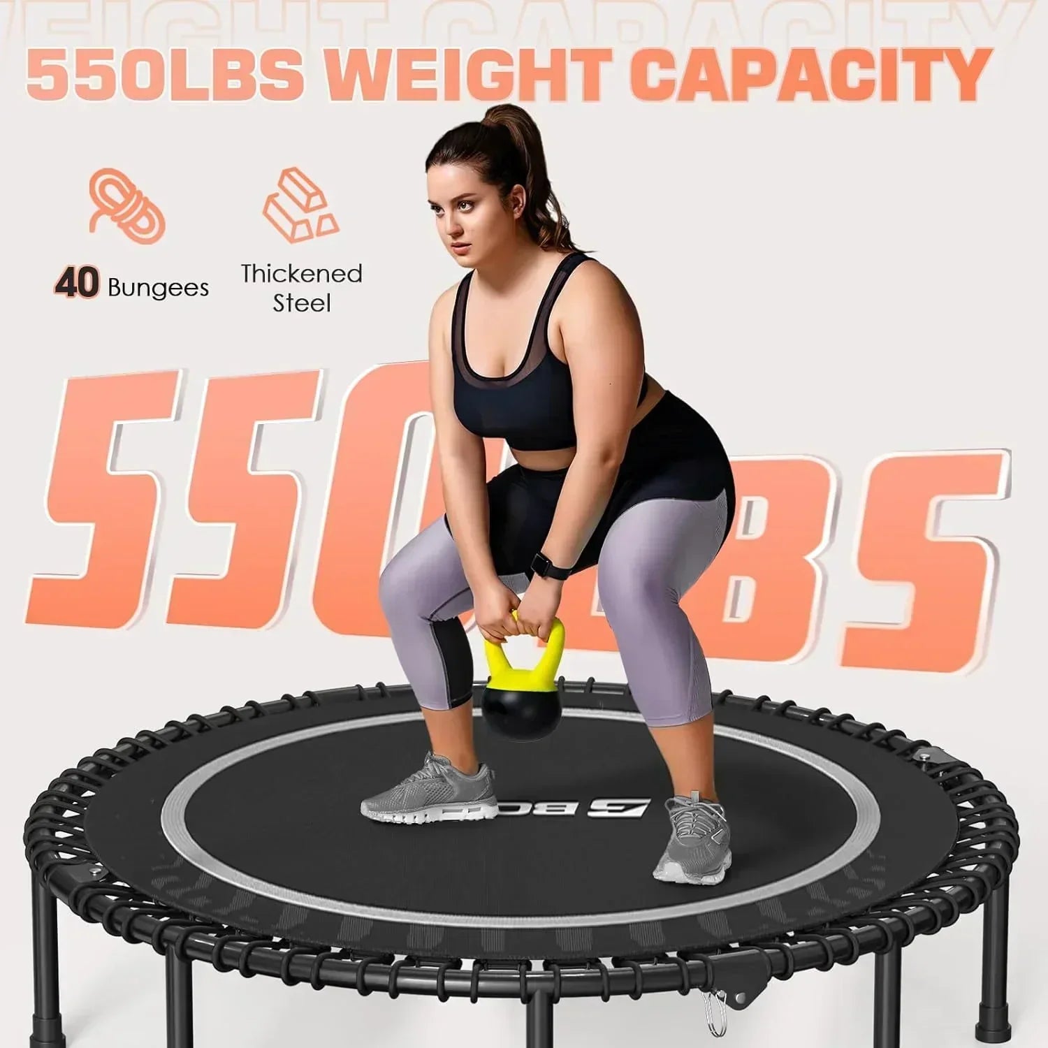 BCAN 450/550 LBS Foldable Mini Trampoline Fitness Trampoline Bungees Adjustable Foam Handle wourant
