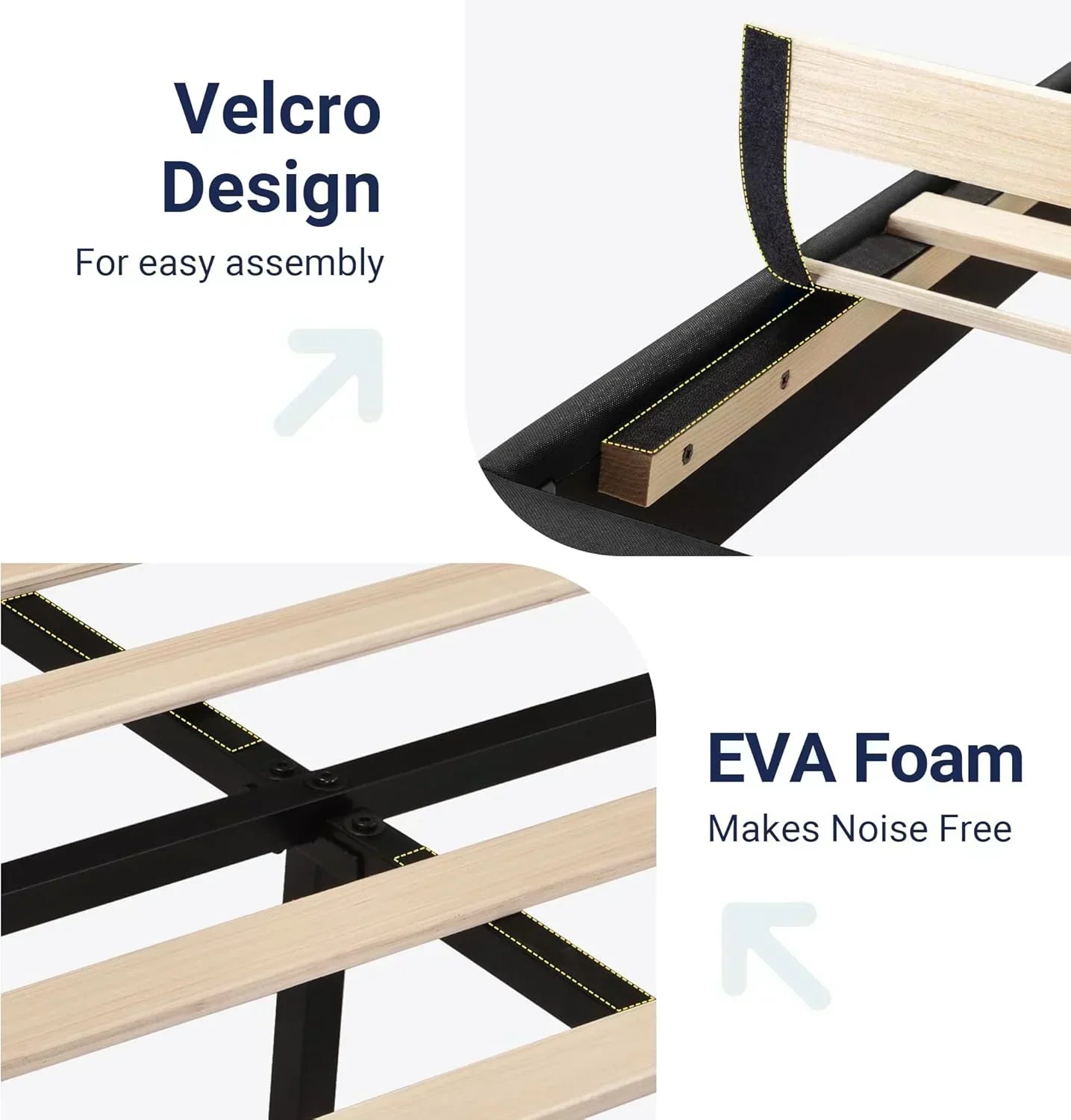 Allewie King size platform bed frame with velvet upholstered headboard and planks wourant