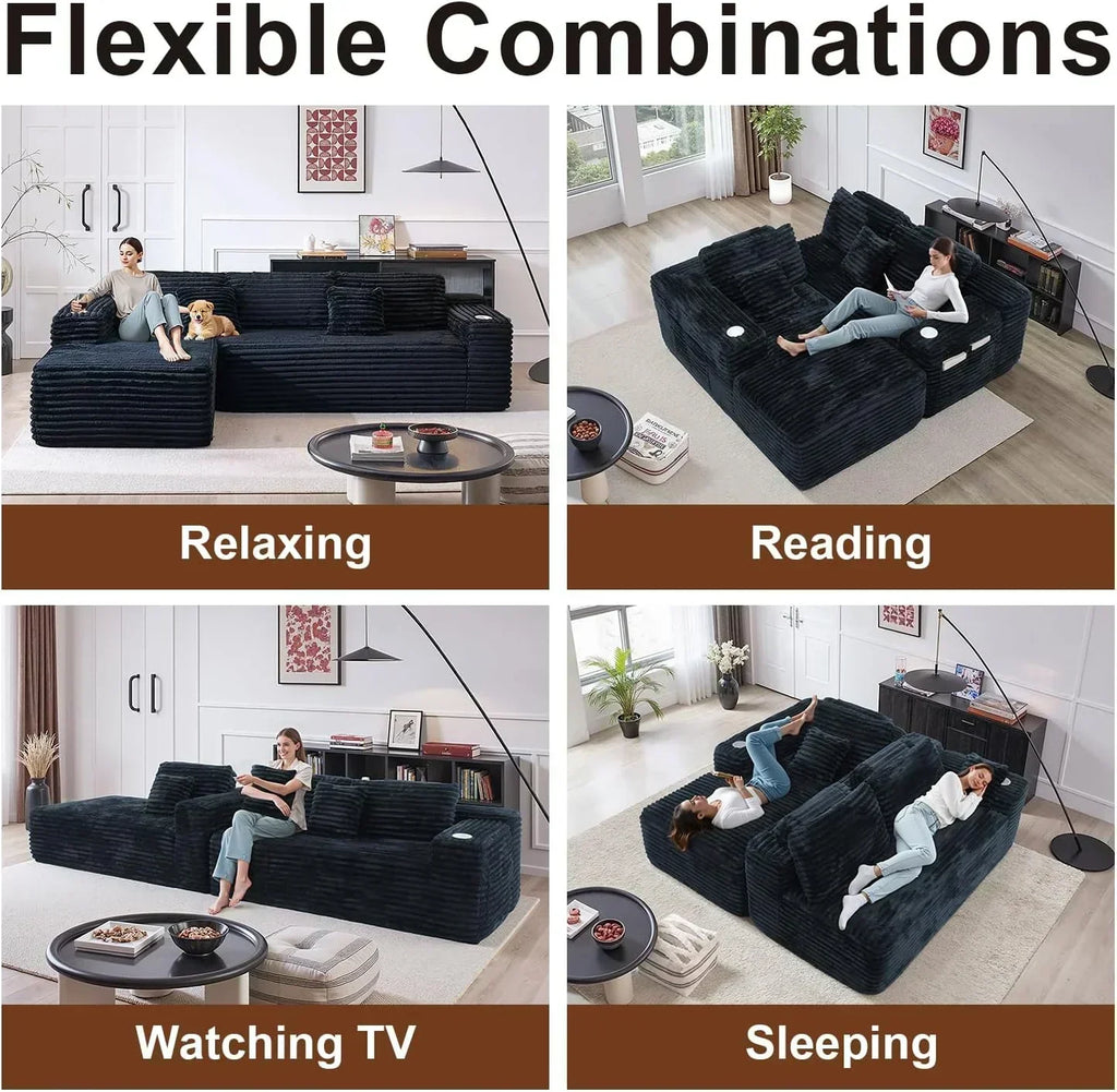 Cloud section sofa with L-shaped recliner modern modular sofa built-in cup holder wourant