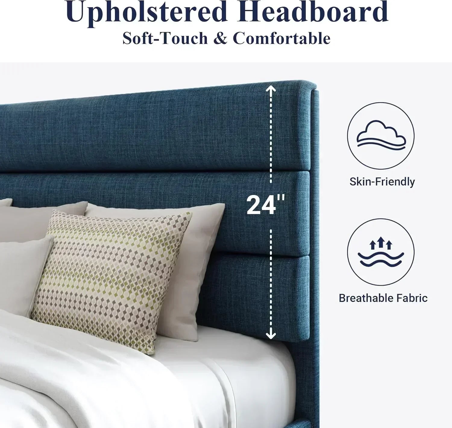 Allewie King size platform bed frame with velvet upholstered headboard and planks wourant