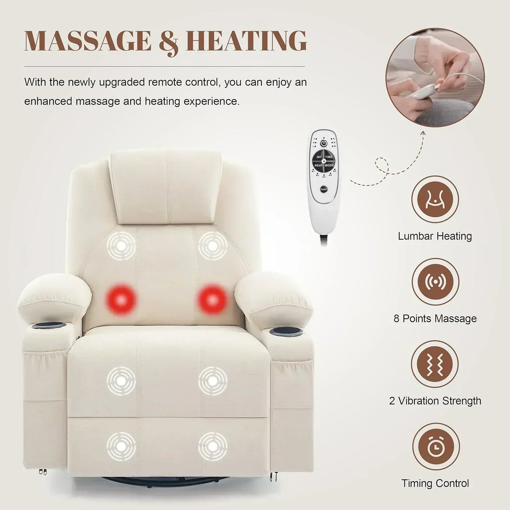 Large Swivel Rocking Recliner with Massage Function 360 Degree Swivel Rocking Single Sofa wourant