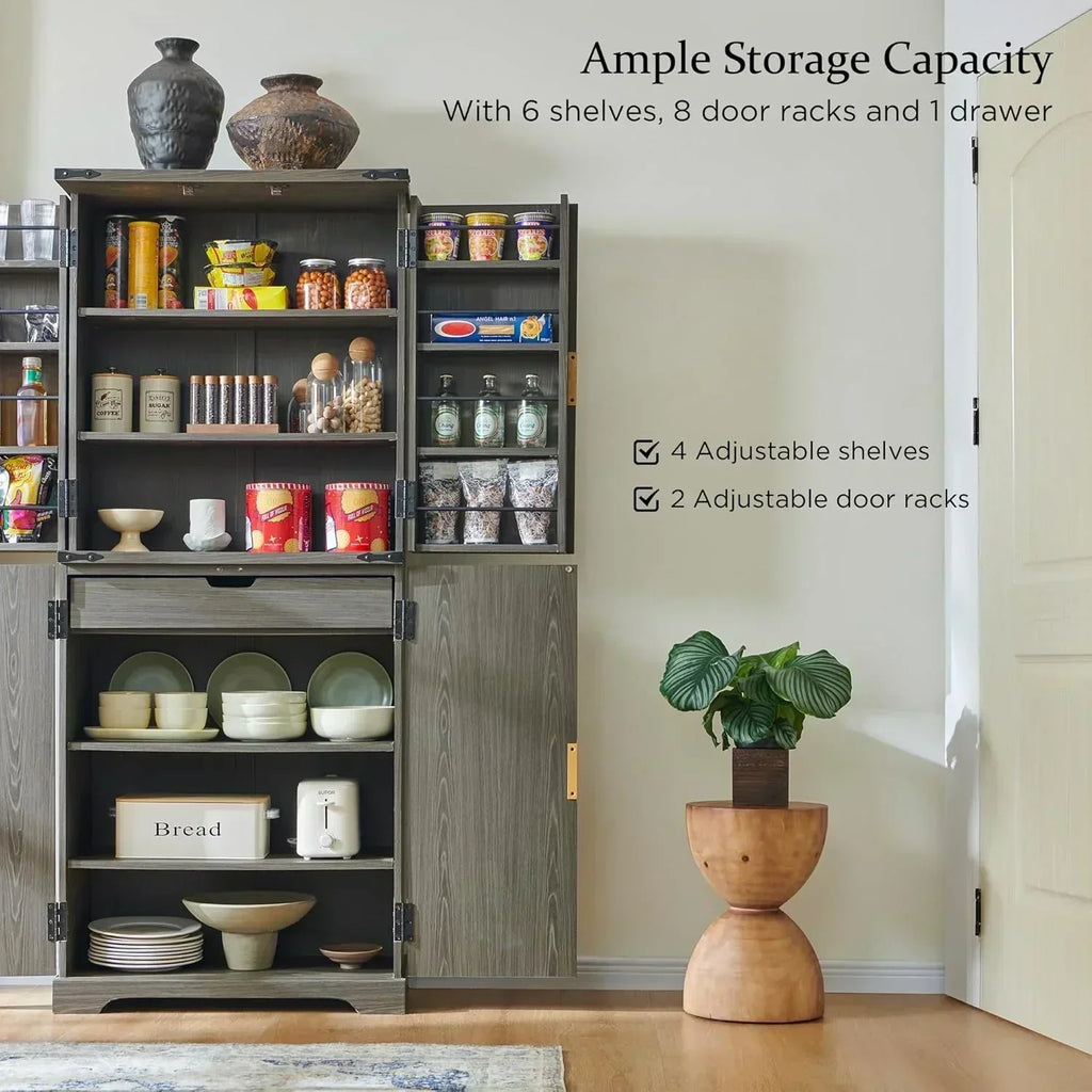 Fluted Pantry Cabinet 72" Tall Modern Storage Cabinet with 4 Doors Organizer Drawer wourant