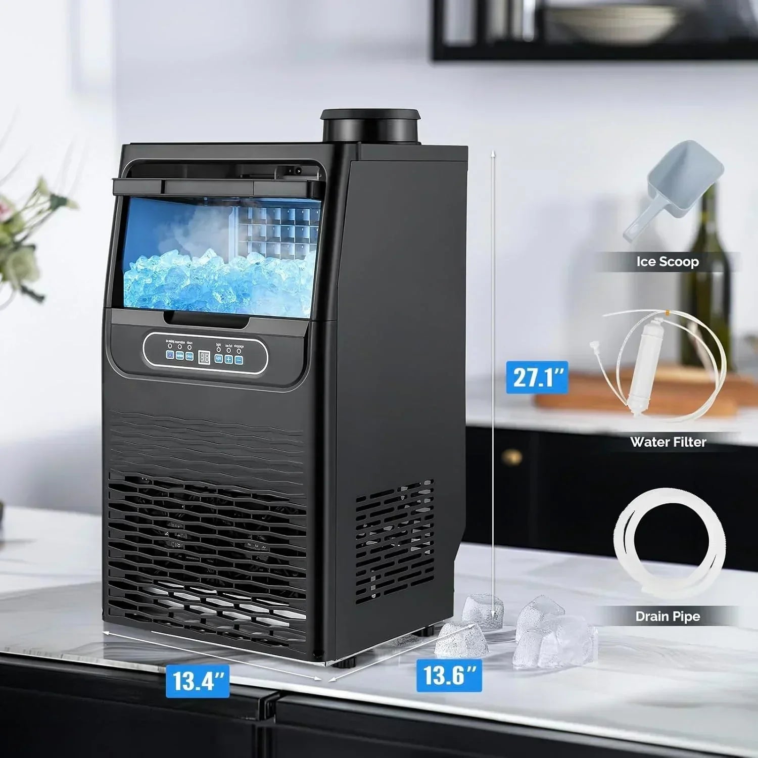 VINGLI Commercial Ice Maker Machine 90lbs/24H Plastic Under Counter Ice Maker 11lbs Storage wourant