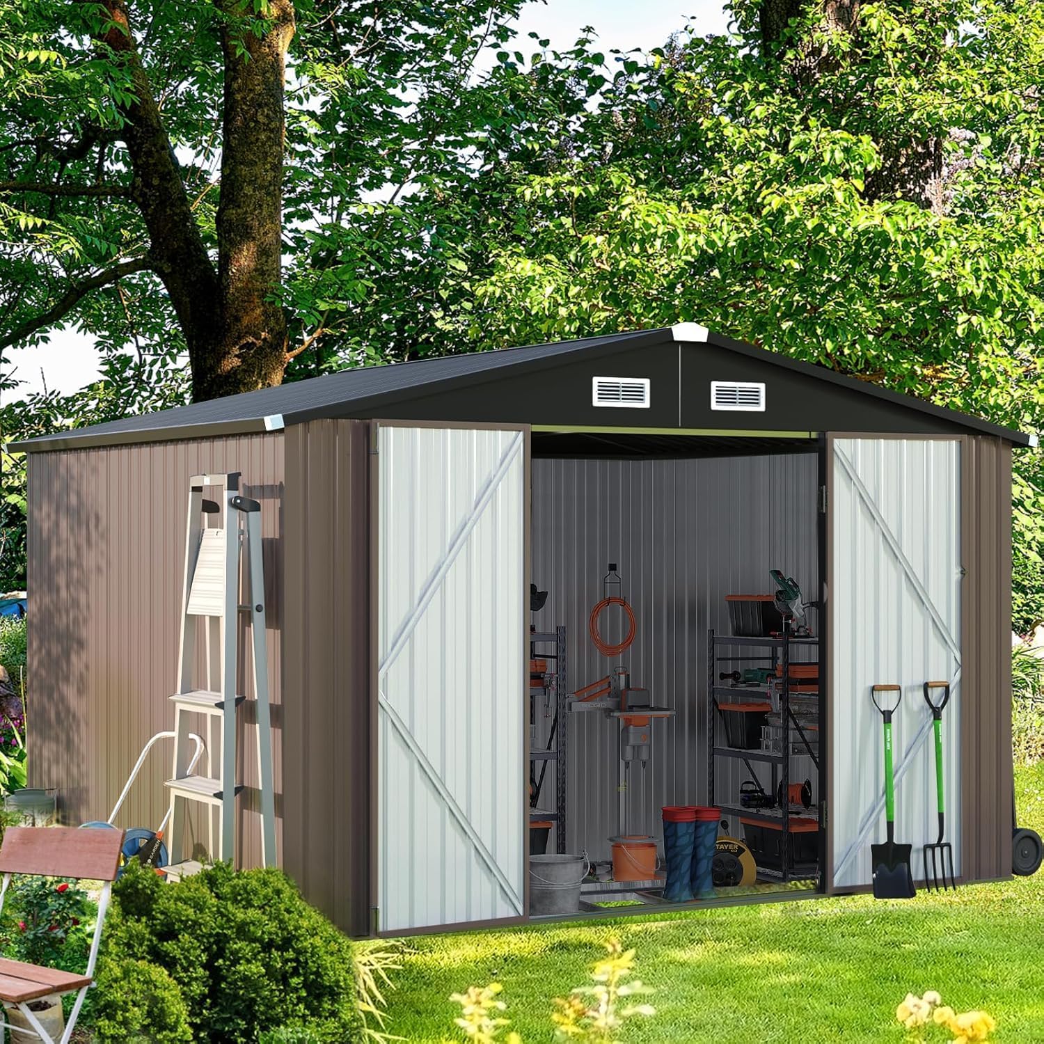 Aoxun 6.2x4 FT Shed Outdoor Storage Shed Metal Garden Shed Sloping Roof Tool Shed Bike Shed wourant