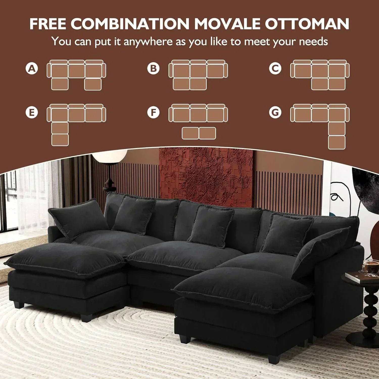 111.4 Inch L Shaped Modern Sofa Modular Cloud Sofa with Ottoman 4 Seater Chenille Deep Seat Sofa wourant
