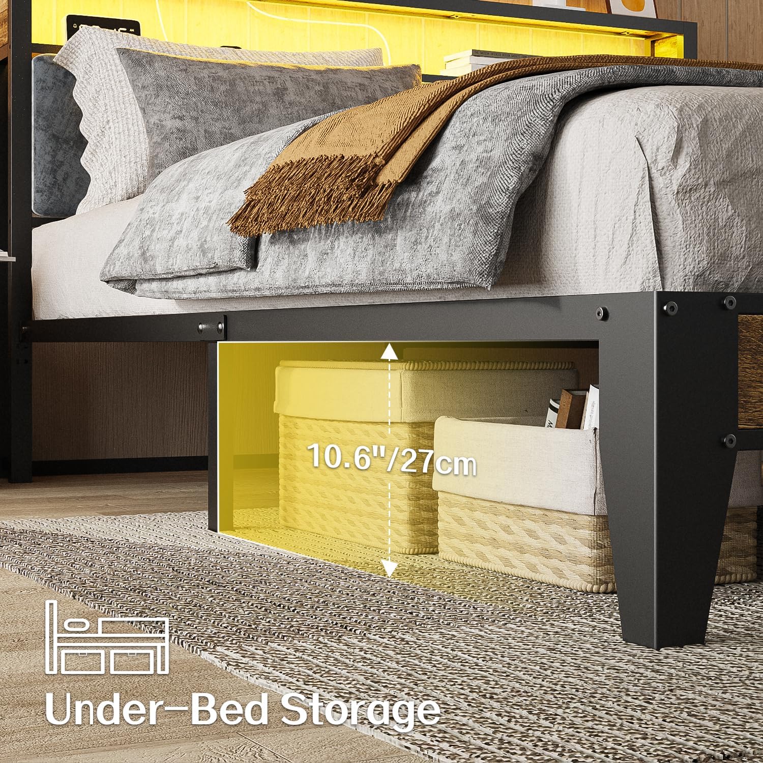 OLEVS Single Bed Frame LED Light Storage Headboard Type C Charging Station Metal Platform Bed wourant