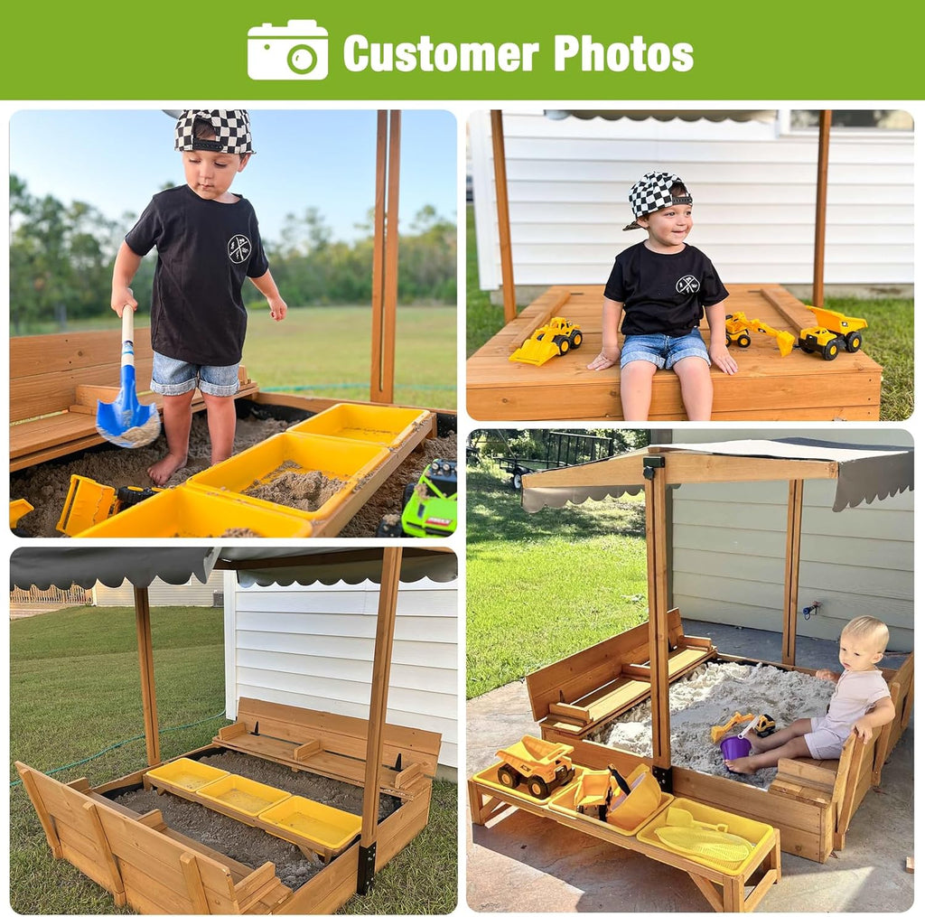 Kids Wooden Outdoor Sandbox Canopy 2 Foldable Bench Seats Retractable Roof Sand Protection Liner wourant