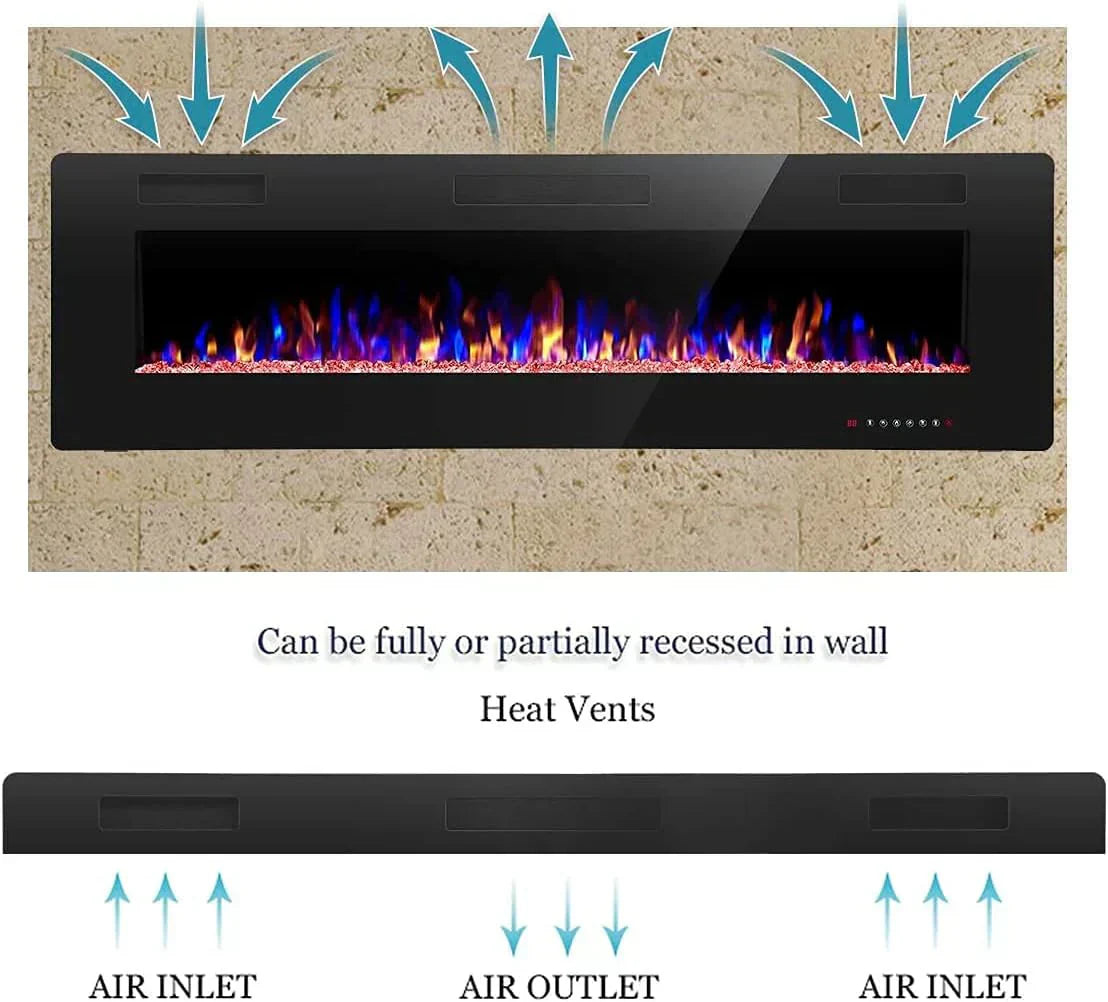 R.W.FLAME 60" Recessed and Wall Mounted Electric Fireplace Low Noise Fit for 2 x 6 Stud wourant