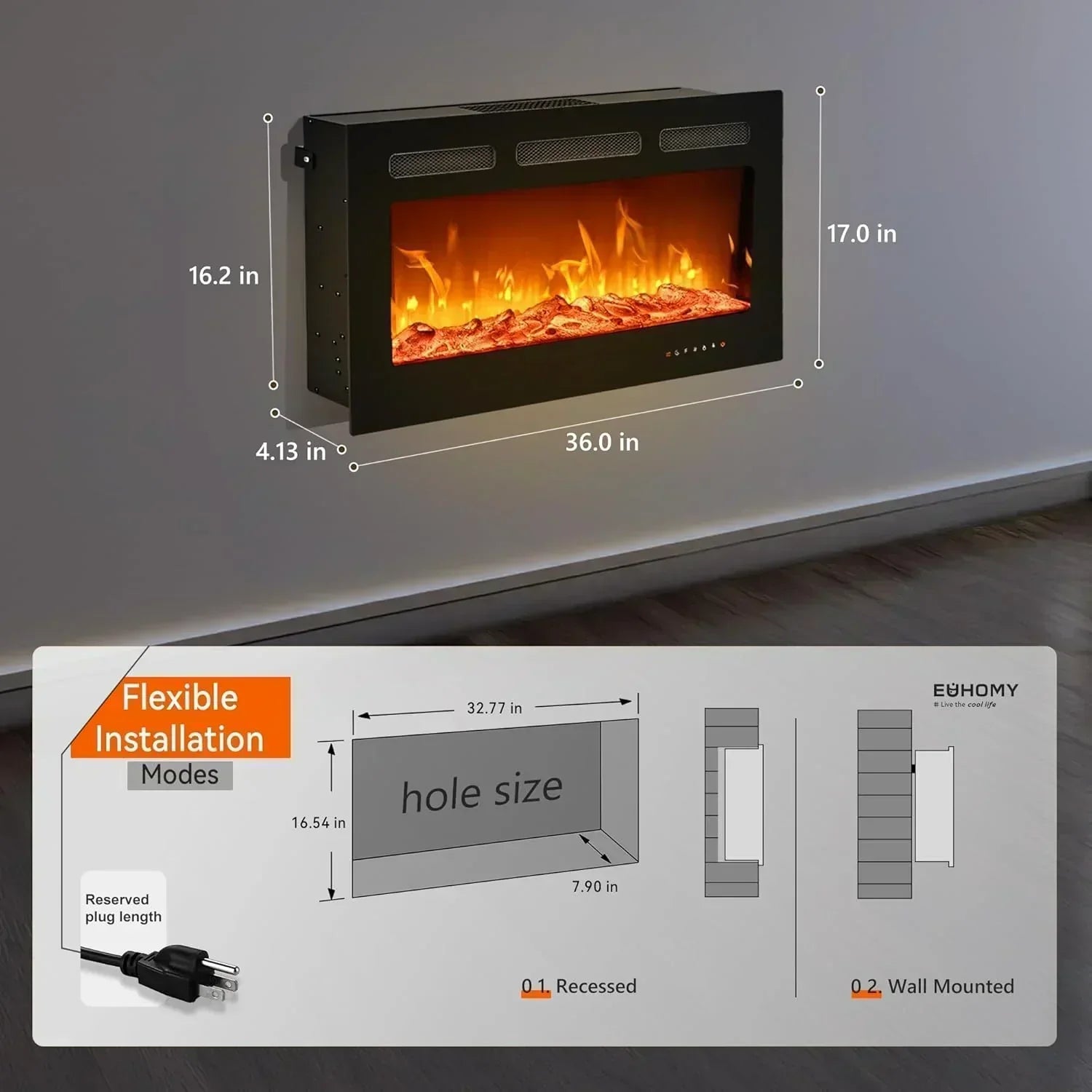 EUHOMY 50 Inch Electric Fireplace Wall Recessed Adjustable Flame Color Fireplace Heater wourant