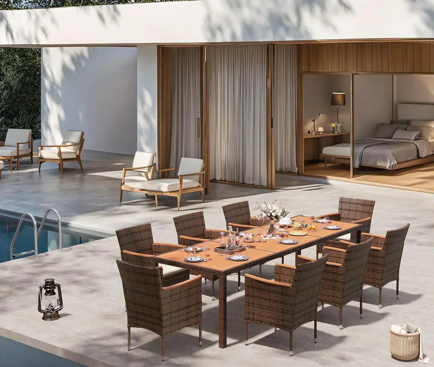 Devoko Dining 7 PCS Furniture Patio Conversation Set with Acacia Wood Table Top Rattan Outdoor wourant