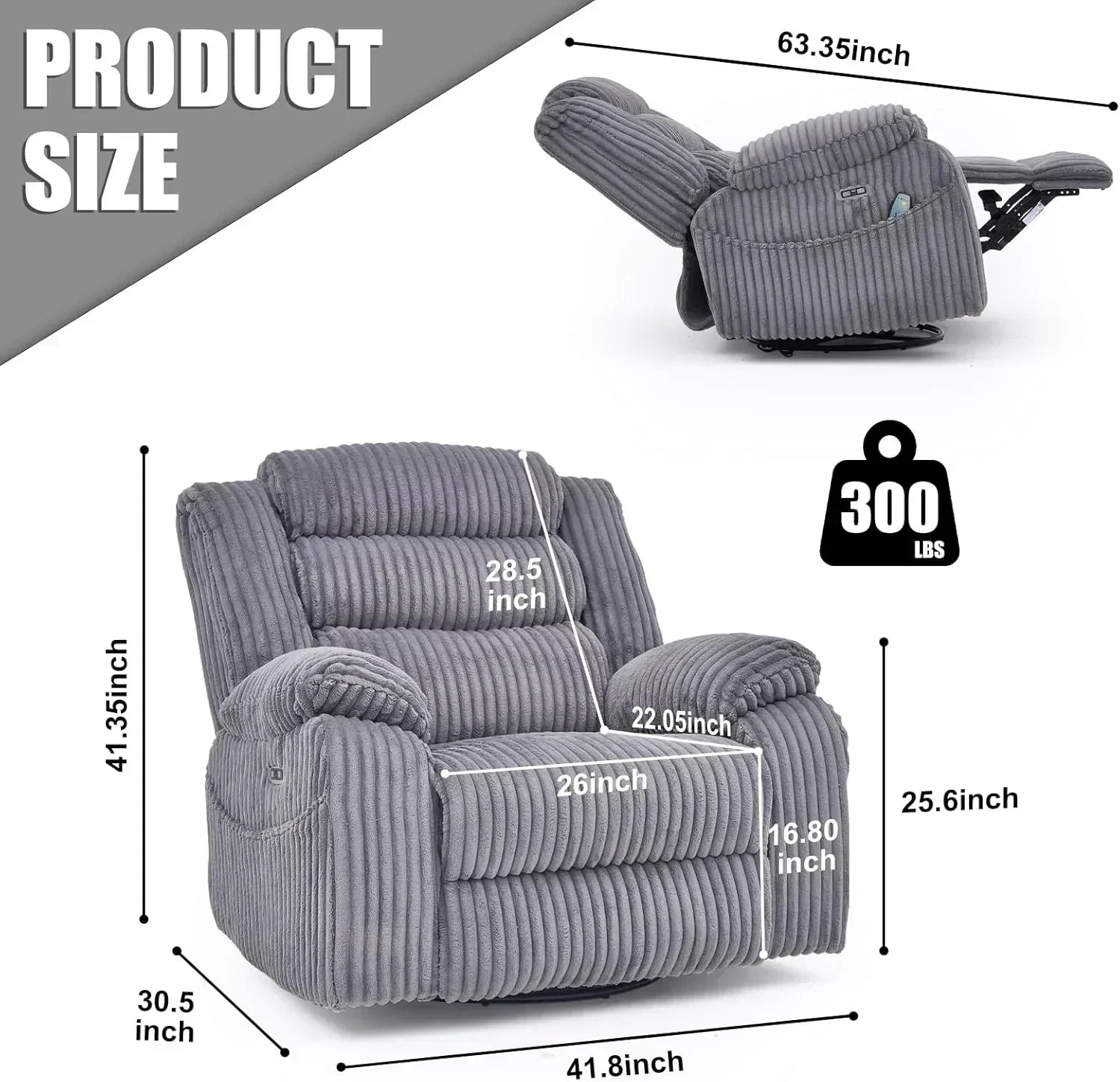 Electric rotary rocker lounge chair for adults with massage and calories USB charging ports wourant