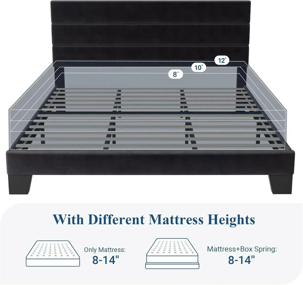 Allewie King size platform bed frame with velvet upholstered headboard and planks wourant