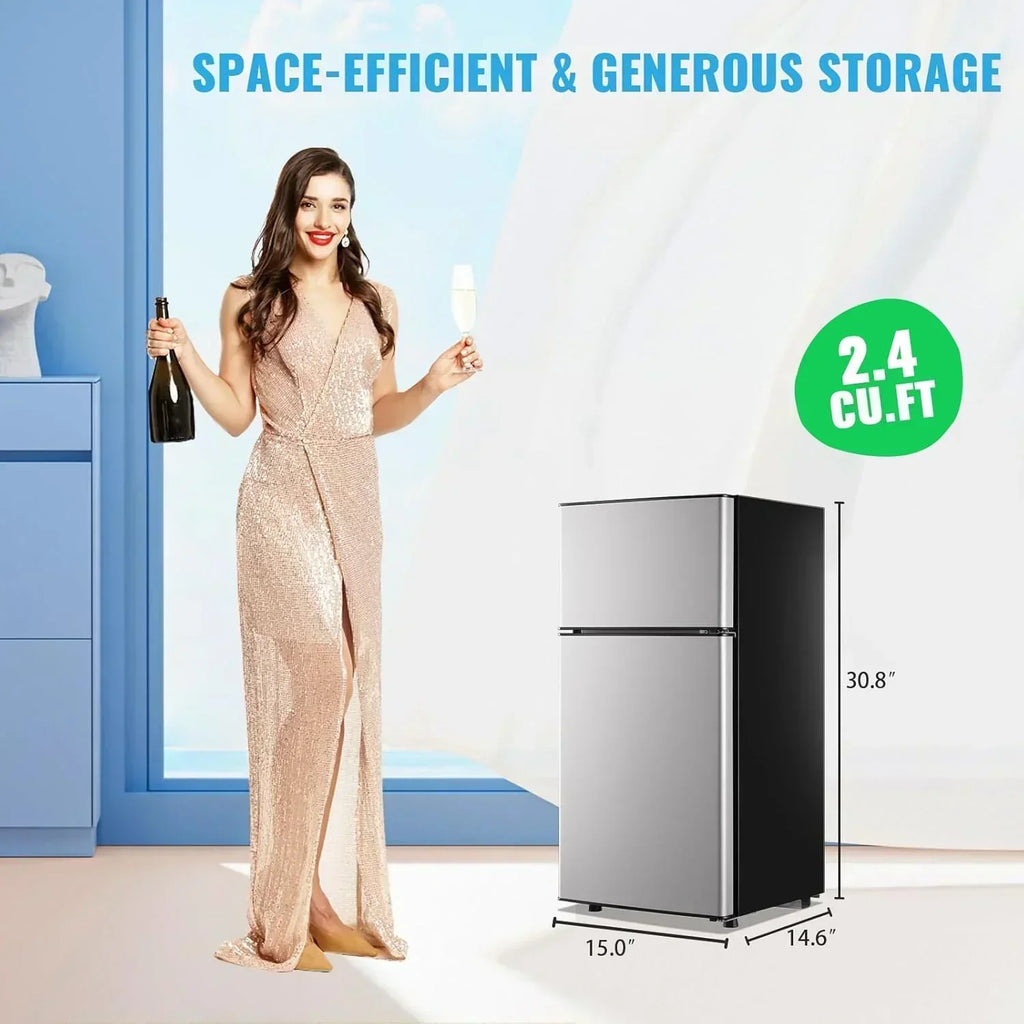 2.4 Cu.Ft Mini Fridge with Freezer Double Door Small Tiny Size Refrigerator with 7 Control Knob wourant