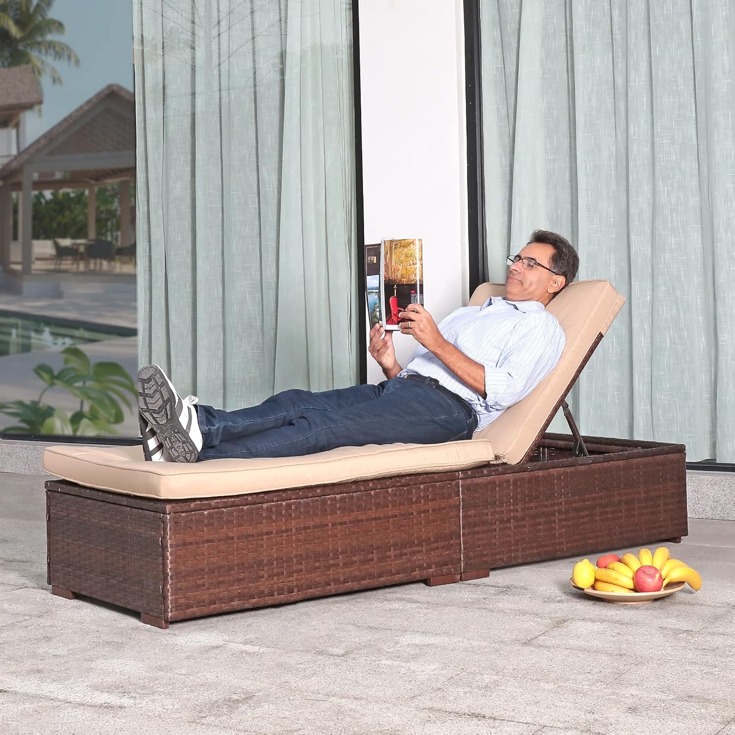 Patiorama Outdoor Patio Lounge Chair Elegant Reclining Adjustable Pool Rattan Chaise Chair wourant