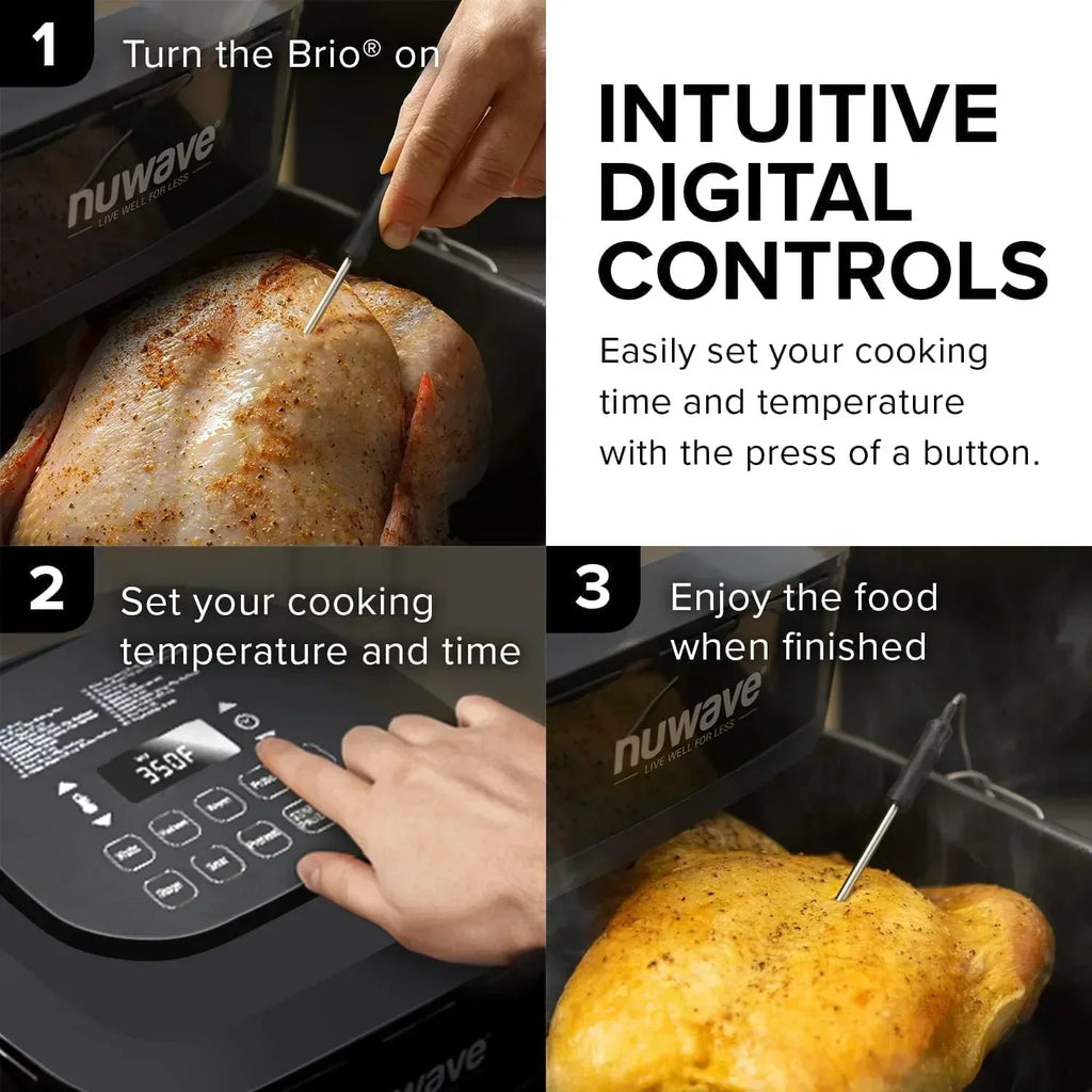 Nuwave Brio 15.5Qt Air Fryer Oven quickly reheats bakes and dehydrates food wourant