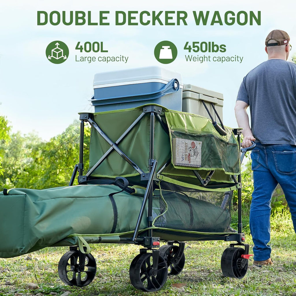 400L Large Capacity Folding Double Decker Cart with Brakes 54 Inch Extra Long Extended Cart wourant