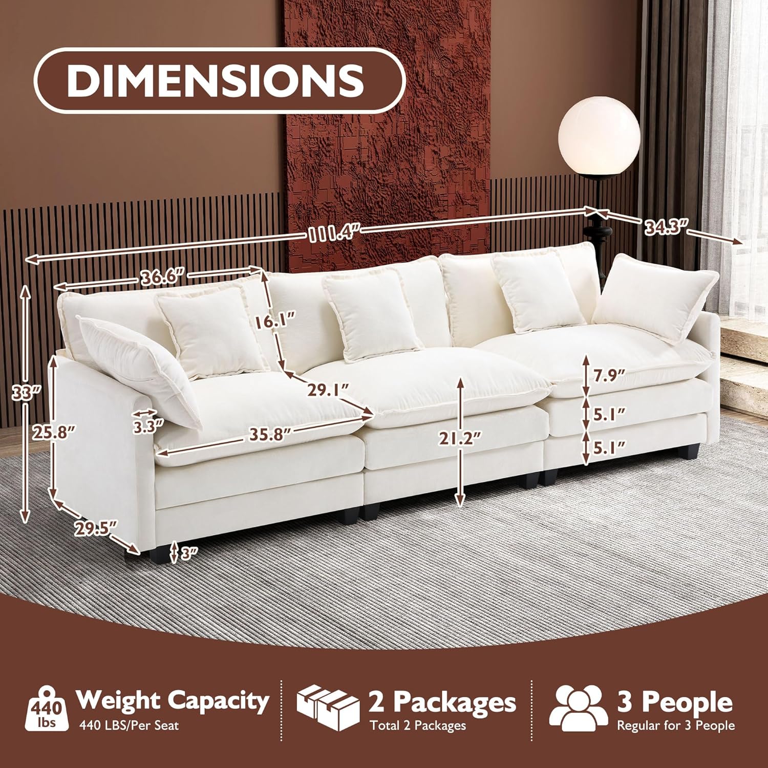 111.4 Inch L Shaped Modern Sofa Modular Cloud Sofa with Ottoman 4 Seater Chenille Deep Seat Sofa wourant