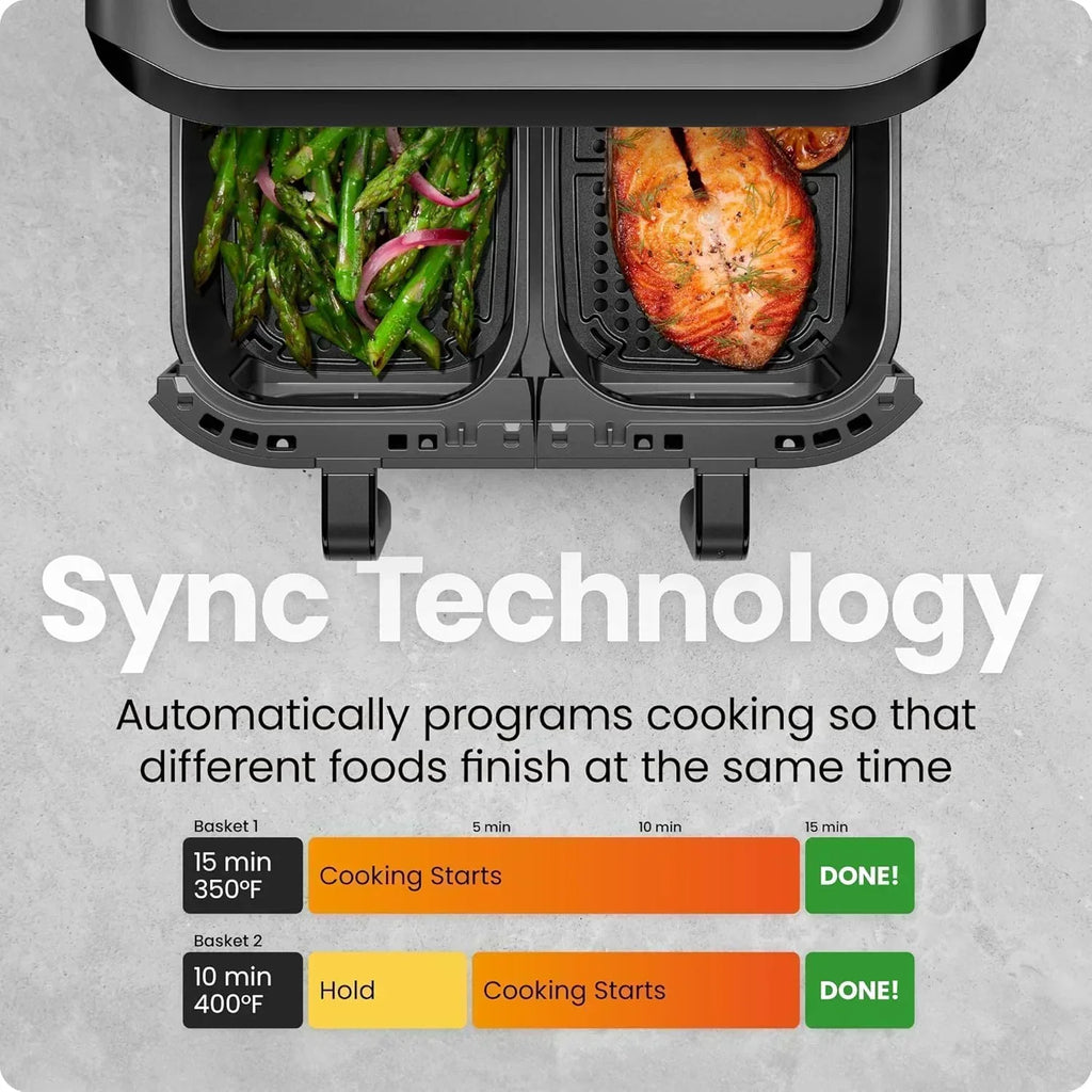 Chefman 6-Quart Double Basket Air Fryer Easy View Window uses two separate nonstick pans wourant