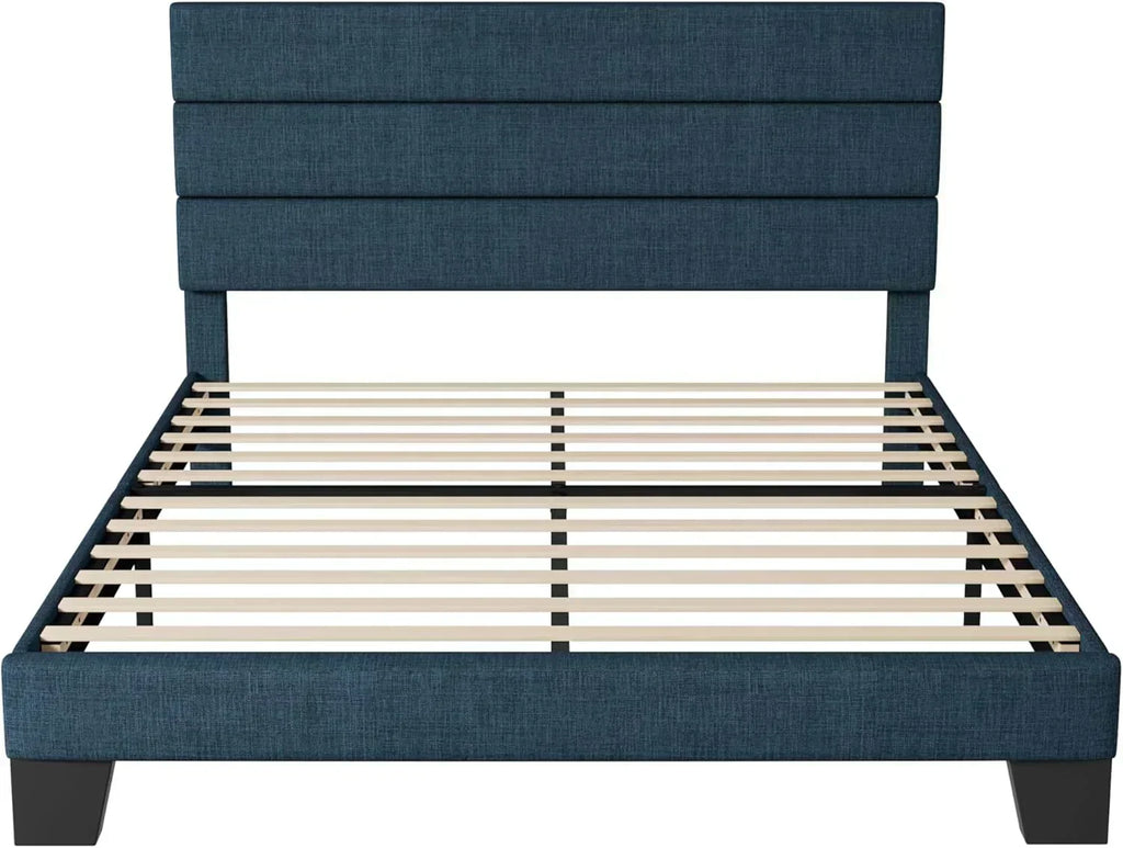 Allewie King size platform bed frame with velvet upholstered headboard and planks wourant