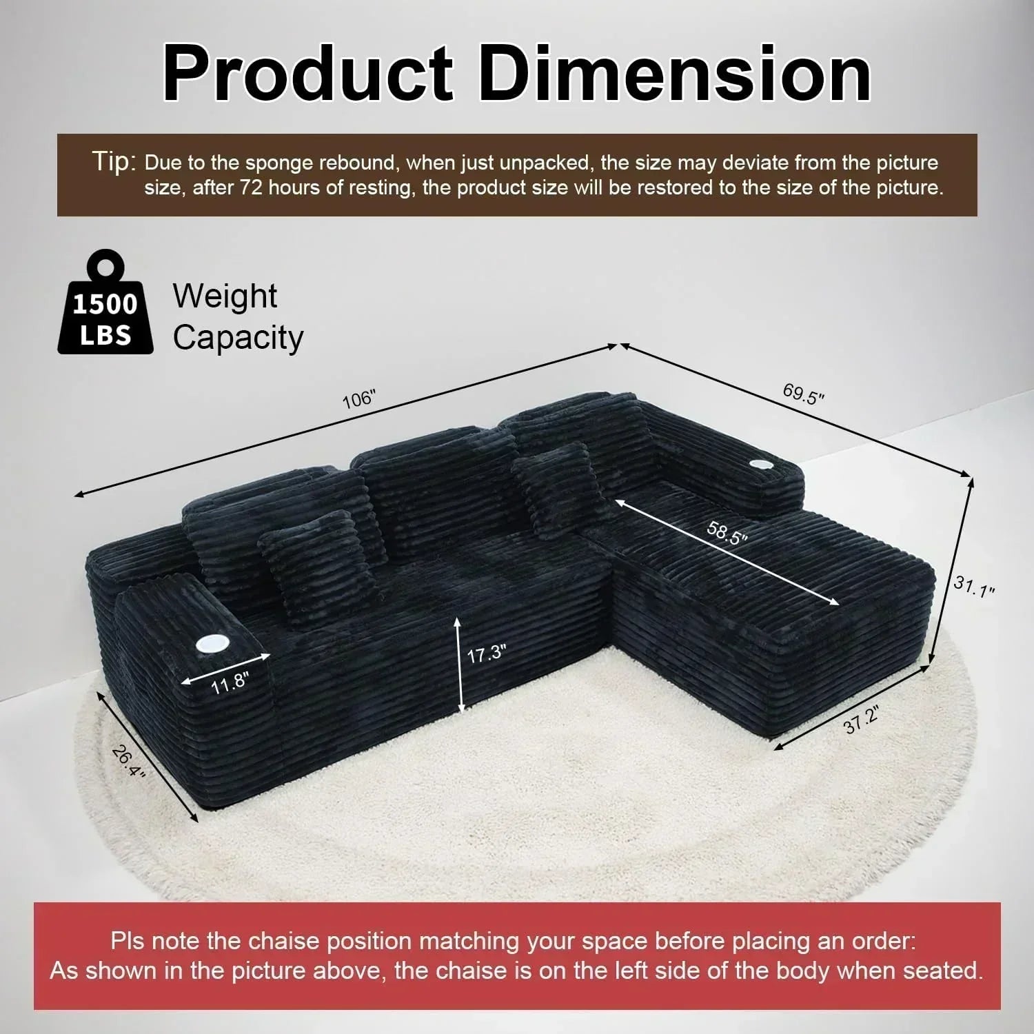 Cloud Sectional Couch with L Shape Chaise Modern Modular Sofa with Deep Seat Built in Cup Holder wourant