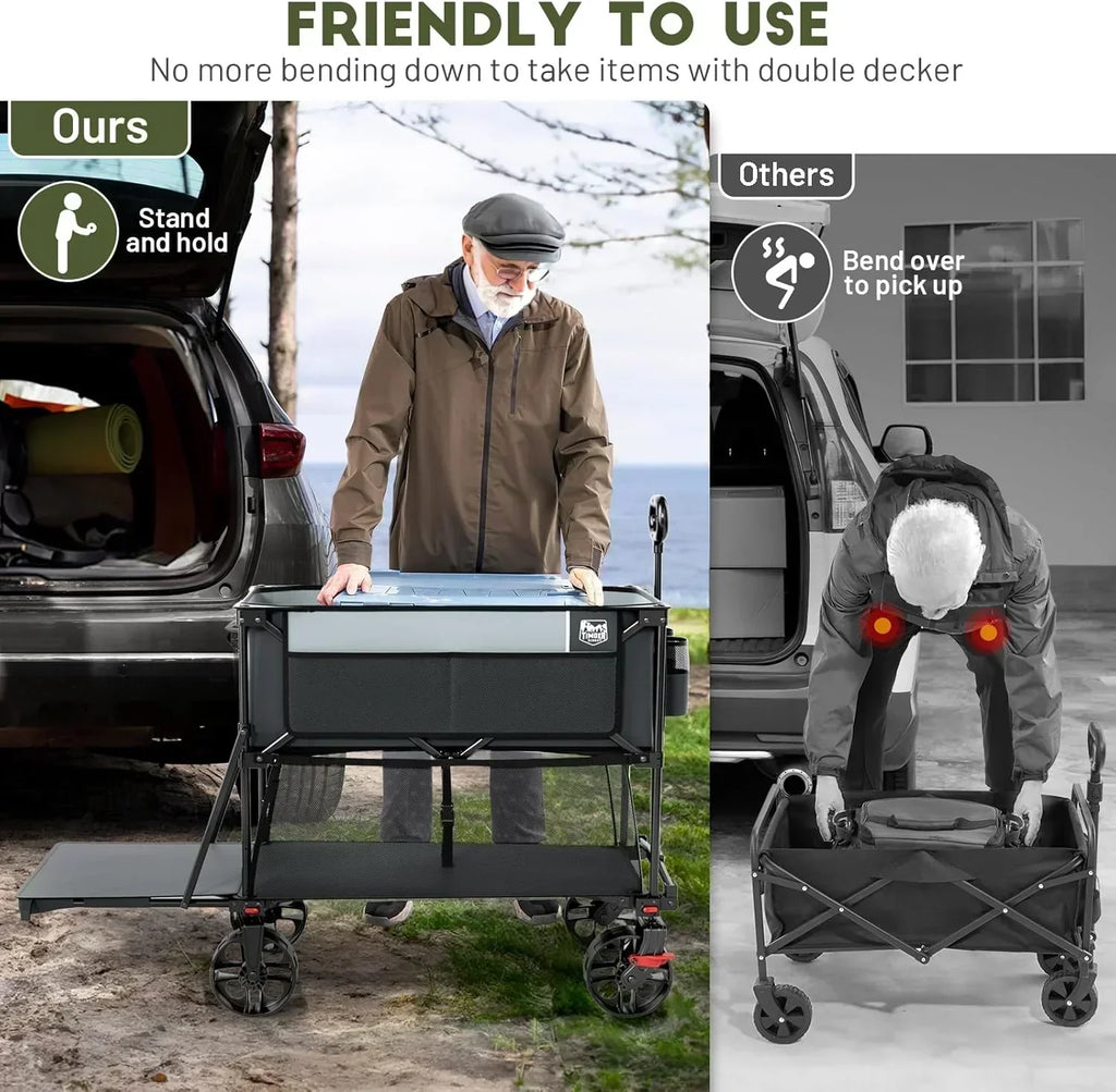 400L Large Capacity Folding Double Decker Cart with Brakes 54 Inch Extra Long Extended Cart wourant