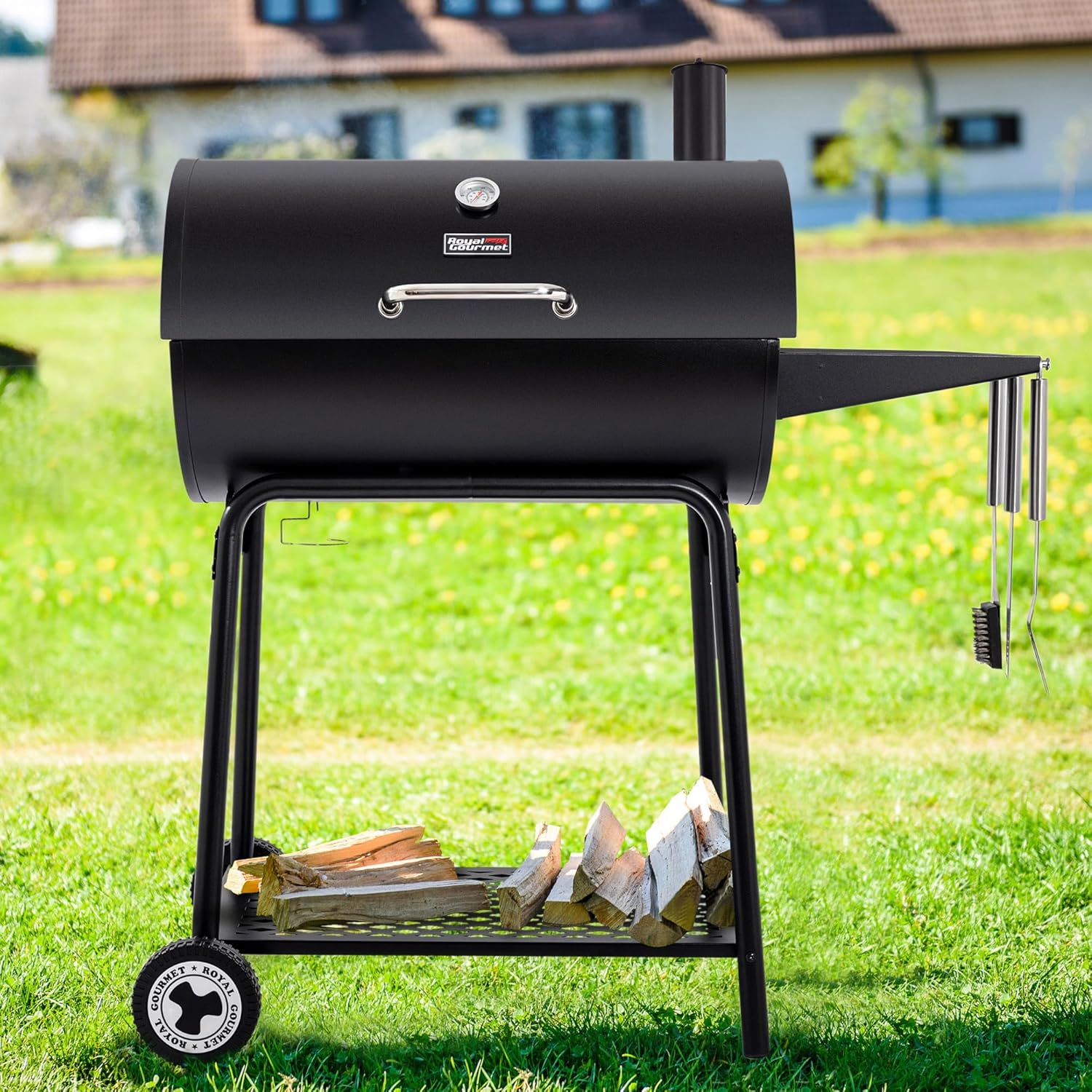 Royal Gourmet CC1830 30 Inch Barrel Charcoal Grill with Side Table Outdoor BBQ Grill  for Backyard wourant