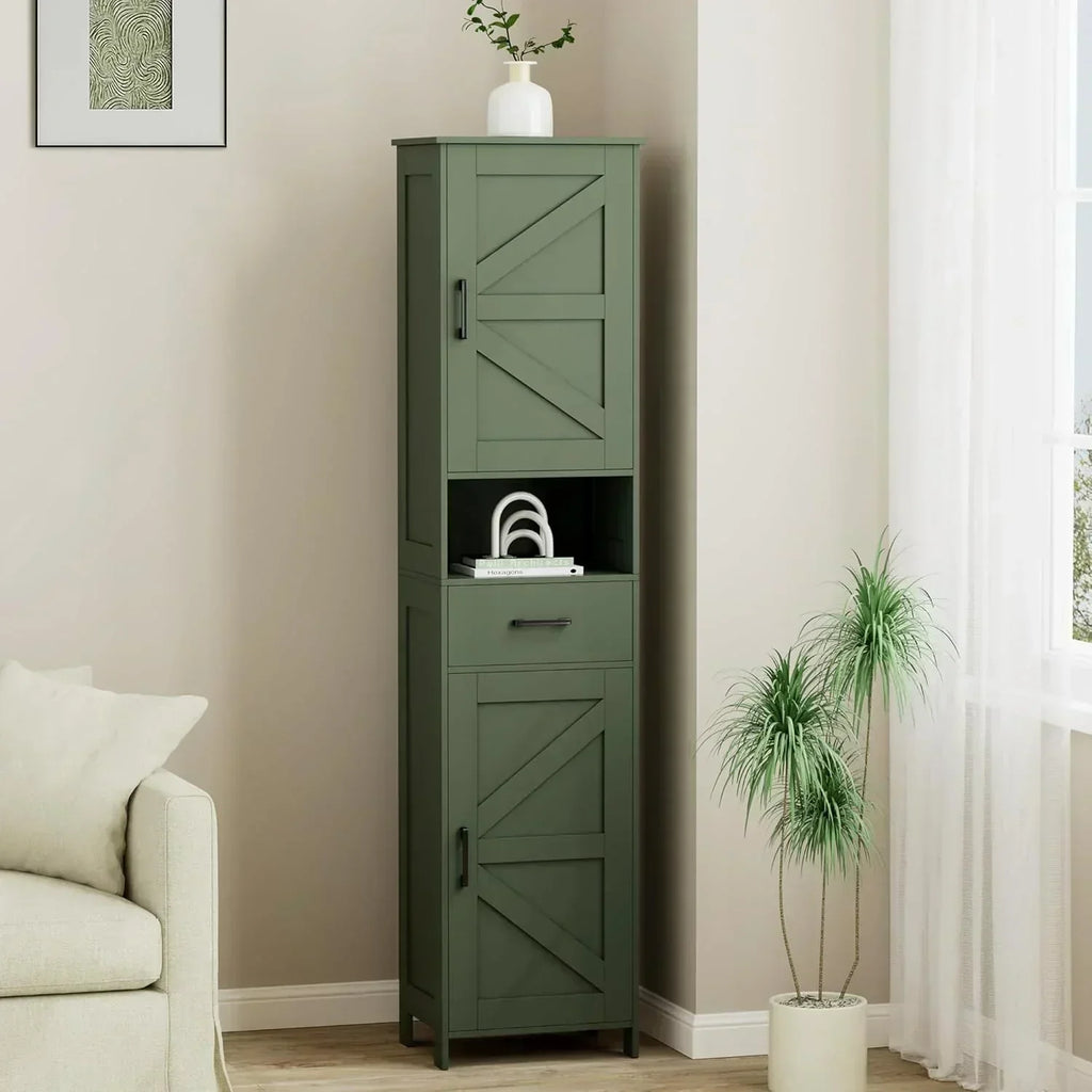 Homhedy 67" H Tall Bathroom Storage Cabinet with 2 Barn Doors and 1 Drawer Narrow Storage Unit wourant