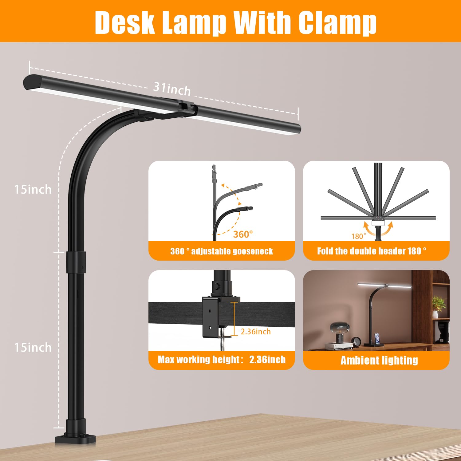 24W LED Desk Lamp with Clamp for Home Office Double Head 5 Brightness 5 Temperatures Gooseneck