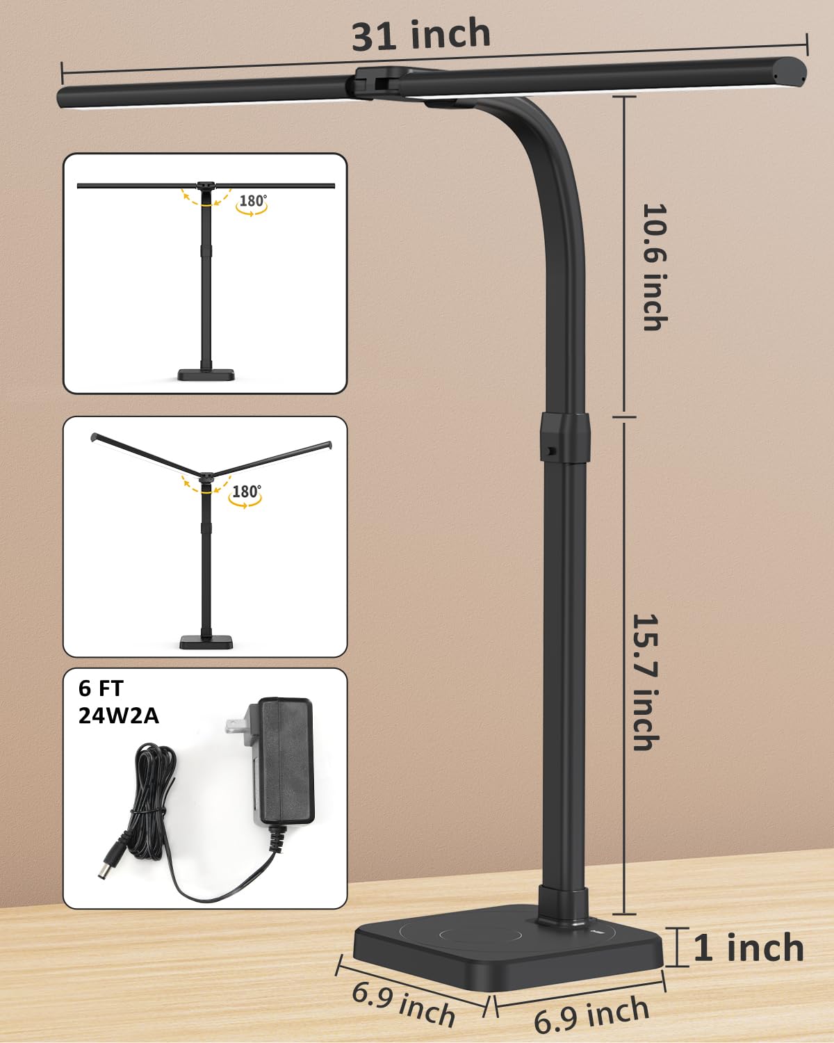 LED Desk Lamp for Home Office Double Head 24W Architect Light with 5 Brightness Levels Flexible Gooseneck