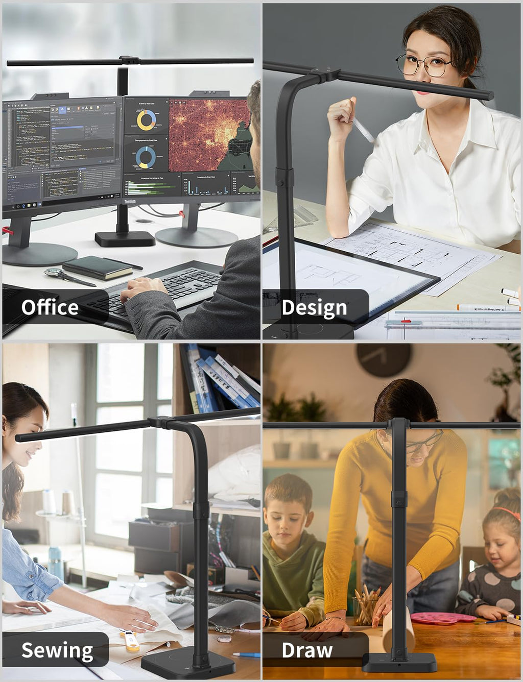 LED Desk Lamp for Home Office Double Head 24W Architect Light with 5 Brightness Levels Flexible Gooseneck