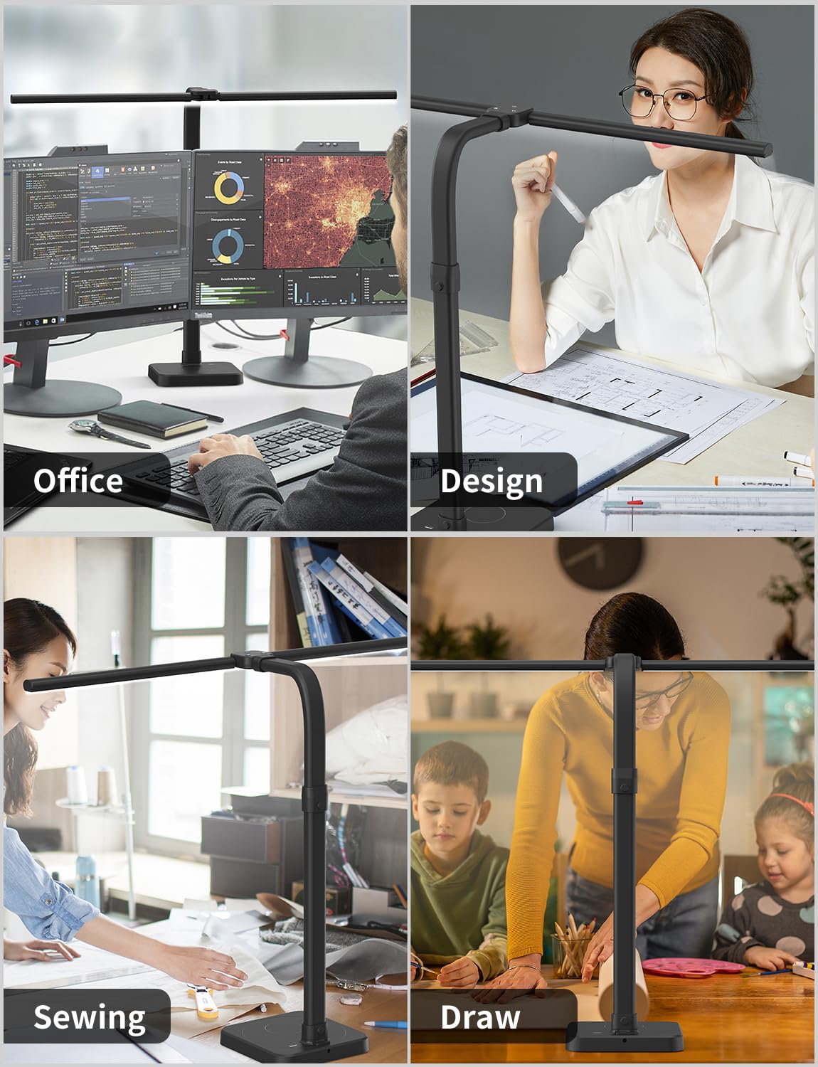 LED Desk Lamp for Home Office Double Head 24W Architect Light with 5 Brightness Levels Flexible Gooseneck