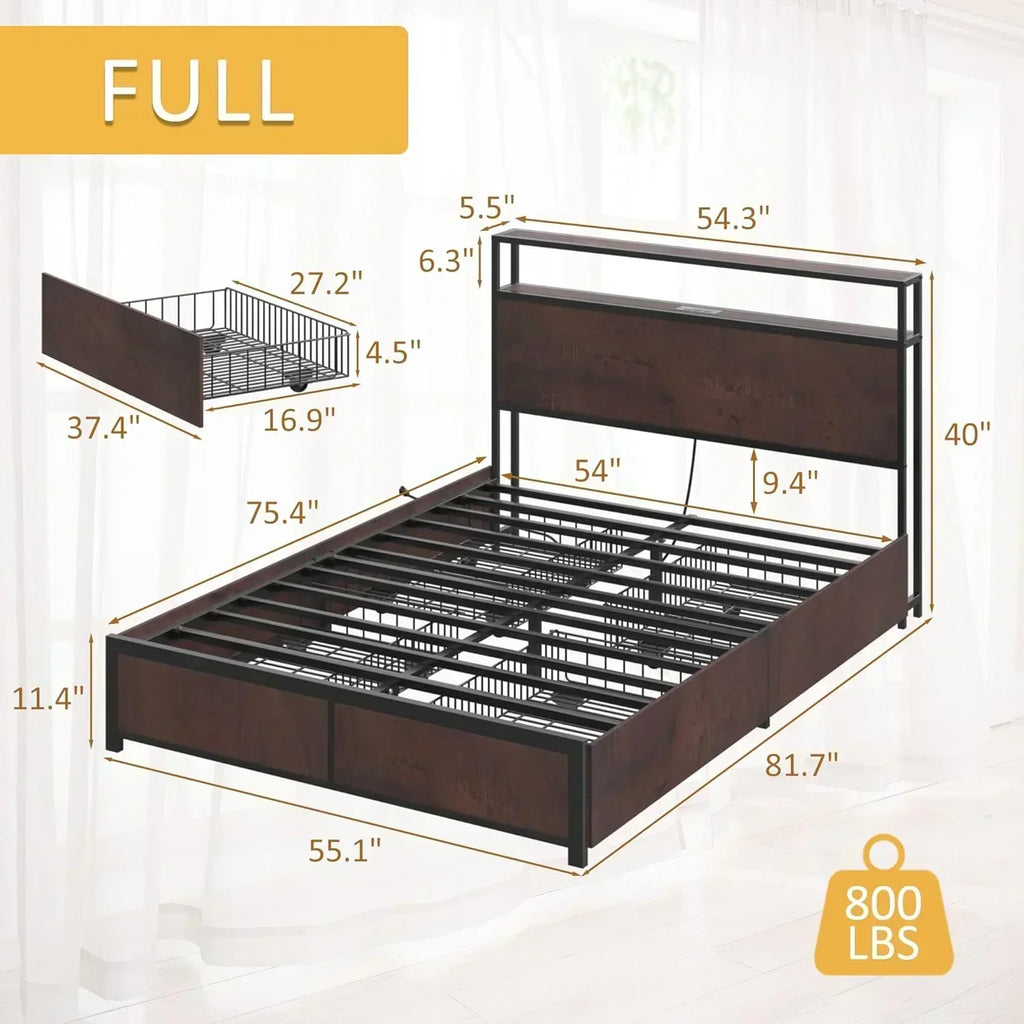 Lifezone Queen Bed Frame 2-Tier Storage Headboard Metal Platform Bed Frame 4 Storage Drawers wourant