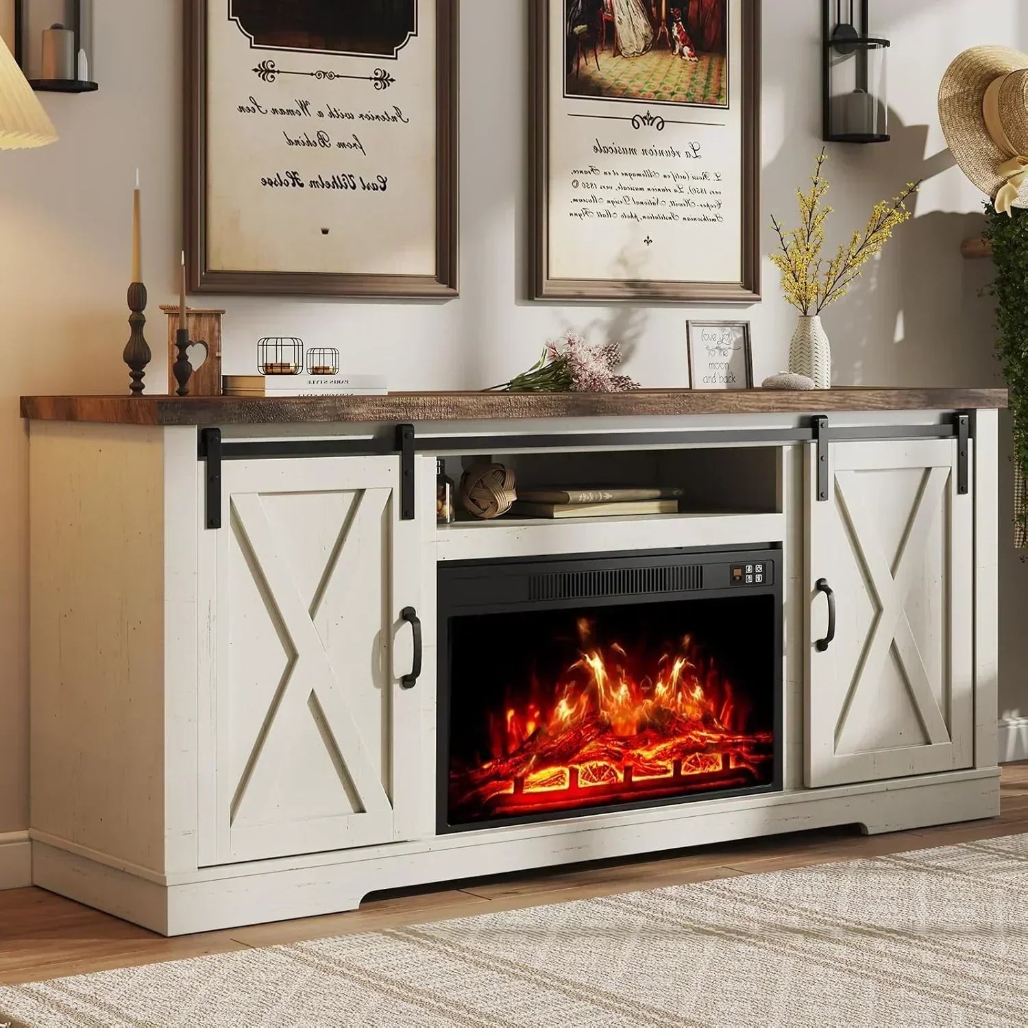 AMERLIFE Fireplace TV Stand with Sliding Barn Door  Farmhouse 63" Fireplace Entertainment Center wourant