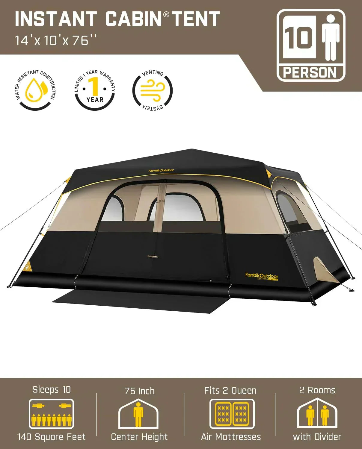 Portable camping tent for 4/6/8/10 people with instant cabin and rainproof and windproof wourant