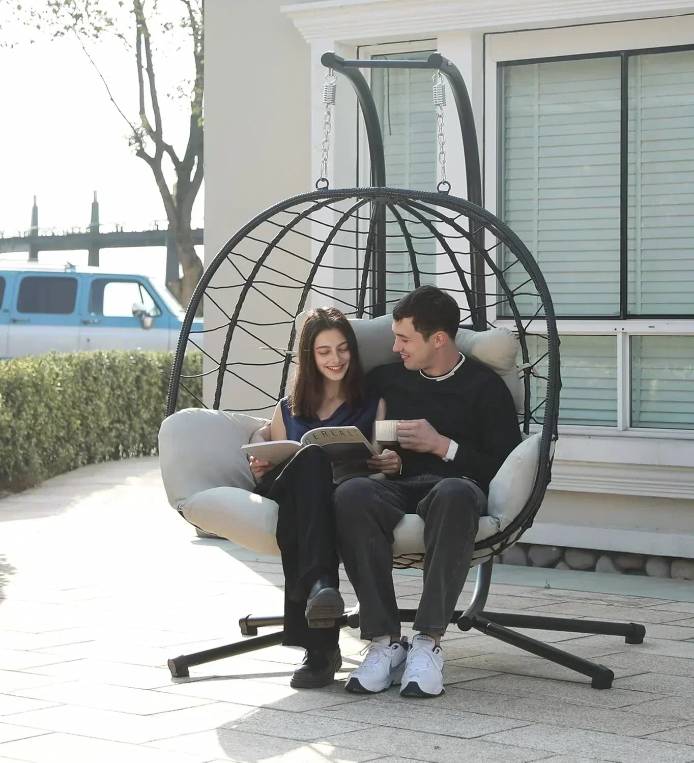 Double Egg Chair wth Stand Hammock Swing Chair Foldable Hanging Loveseat UV Resistant wourant