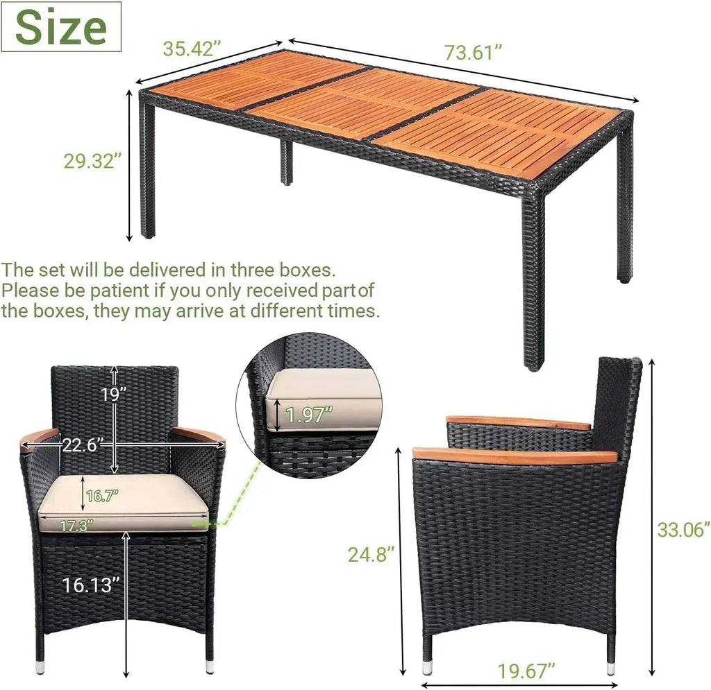Devoko Dining 7 PCS Furniture Patio Conversation Set with Acacia Wood Table Top Rattan Outdoor wourant