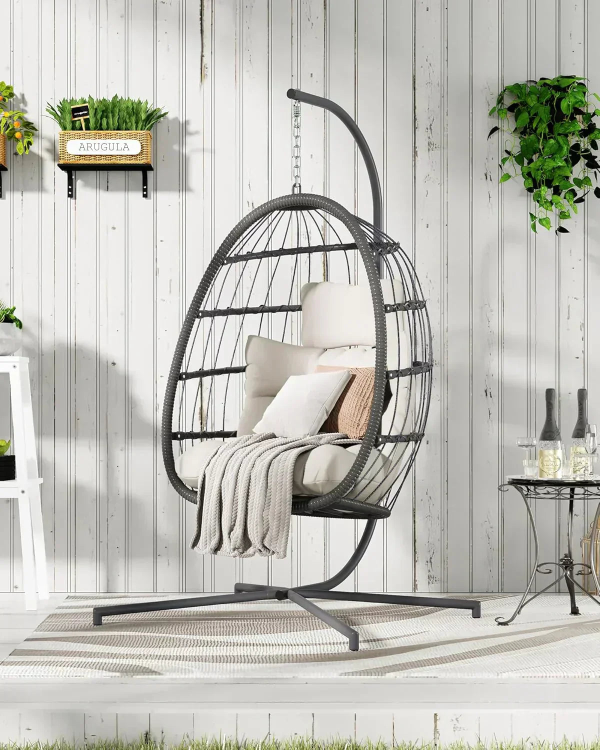 HWB Hanging Egg Chair with Stand Patio Wicker Hammock Egg Swing Chair Cushion for Bedroom wourant
