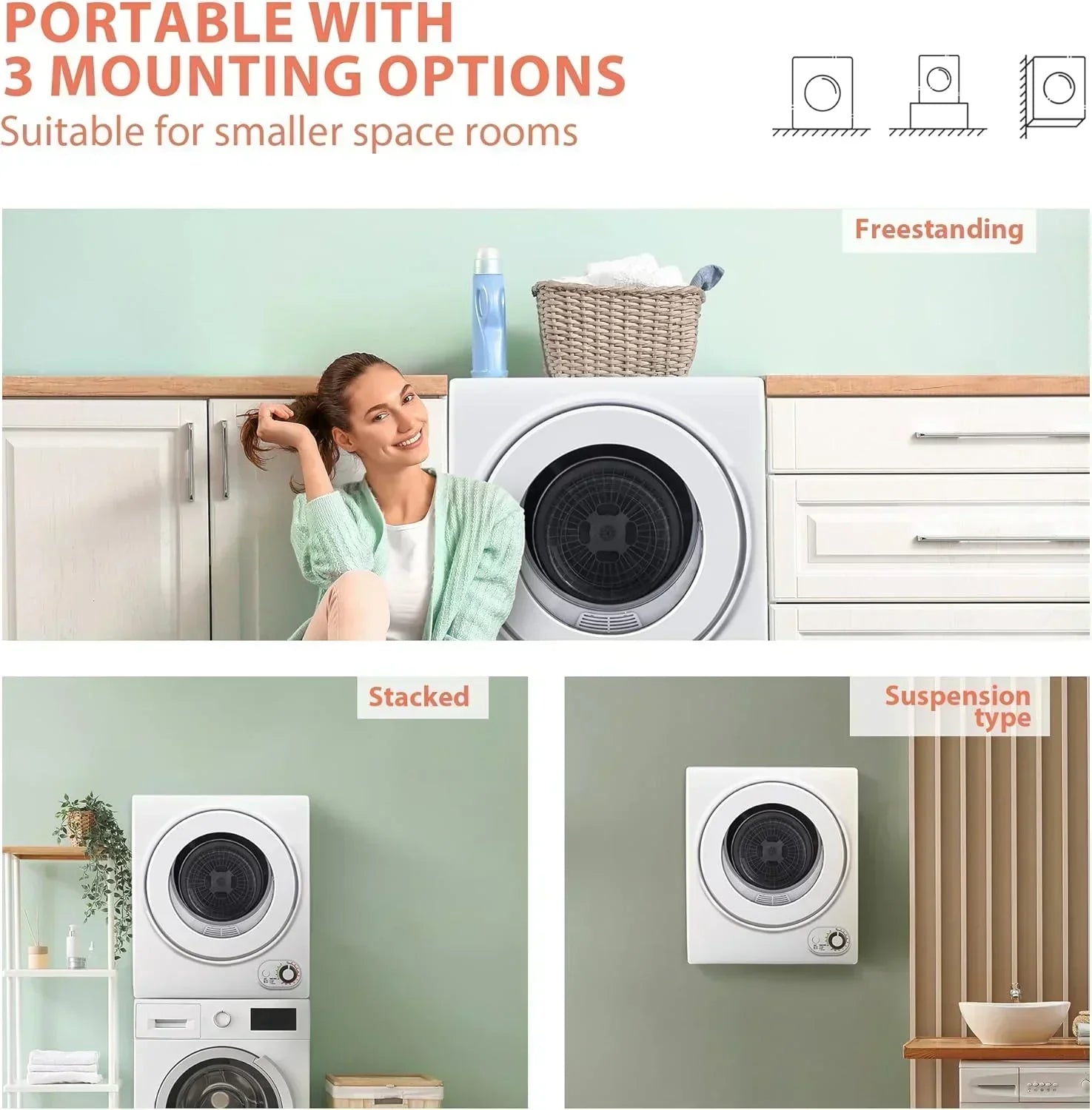 Compact Laundry Dryer 3.5 cu ft Front Load Stainless Steel Clothes Dryers With Exhaust Pipe wourant