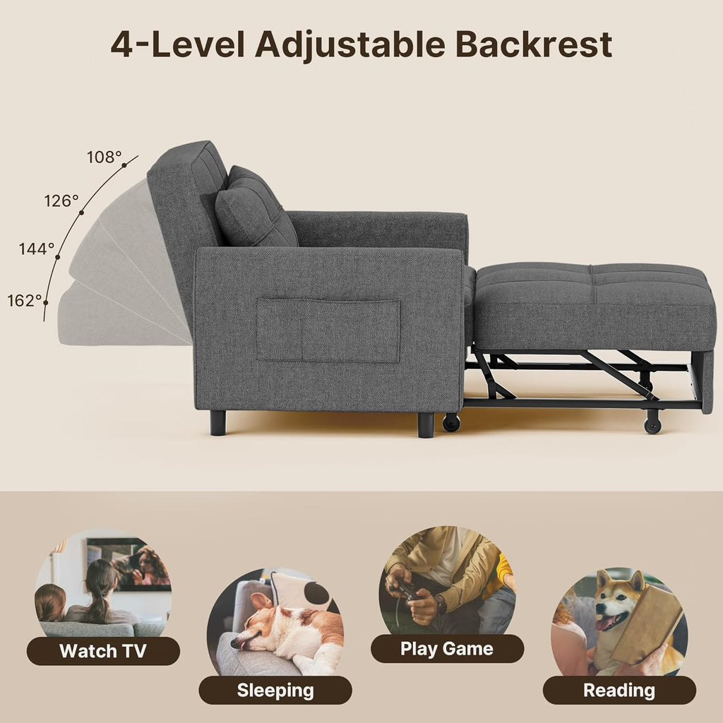 Sofa Bed Chair 3 in 1 Convertible Pullout Single Sleeper Chair Bed Spacious Multifunctional Sofa wourant