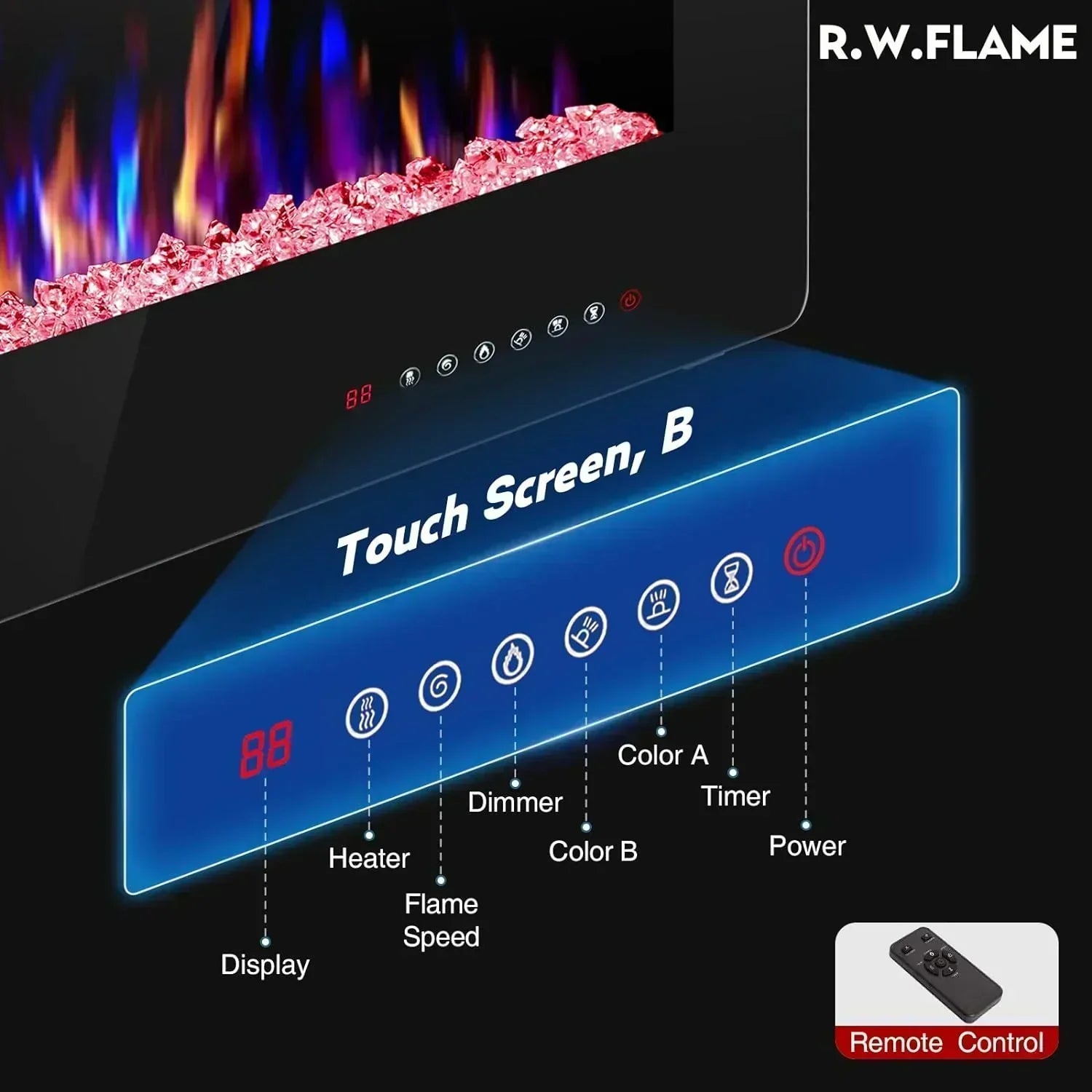 R.W.FLAME 60" Recessed and Wall Mounted Electric Fireplace Low Noise Fit for 2 x 6 Stud wourant
