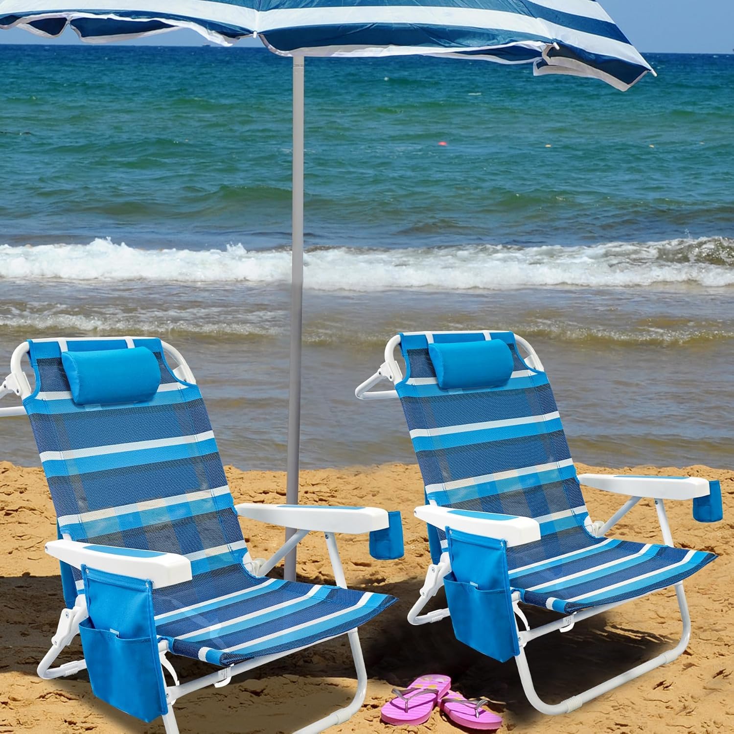 Beach Chair 2 Pack 5 Positions Textilene Folding Reclining Beach Chair with Straps Cooler Bag wourant