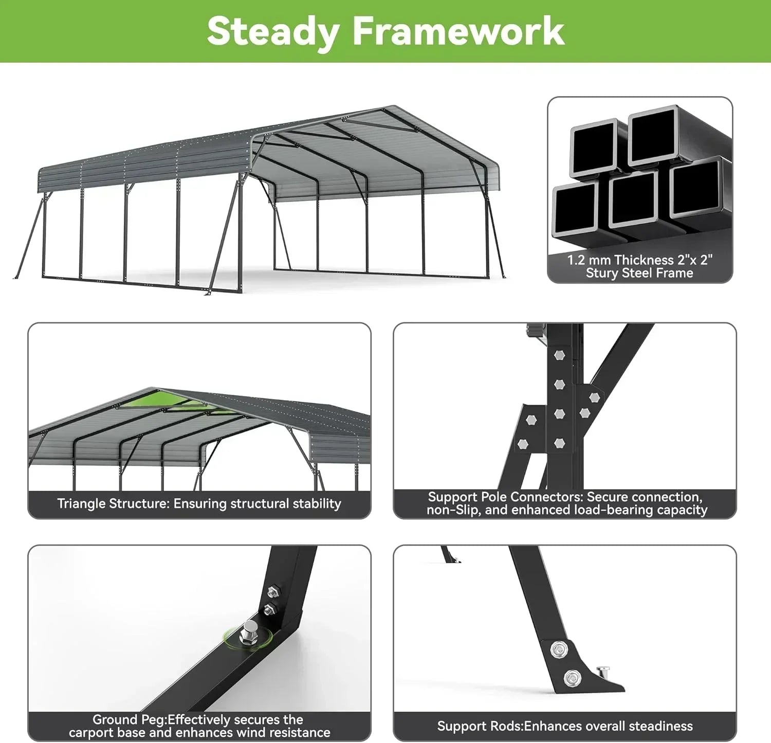 10'x15' Heavy Duty Metal Carport Outdoor Garage Car Shelter Shade with Heavier Frame wourant