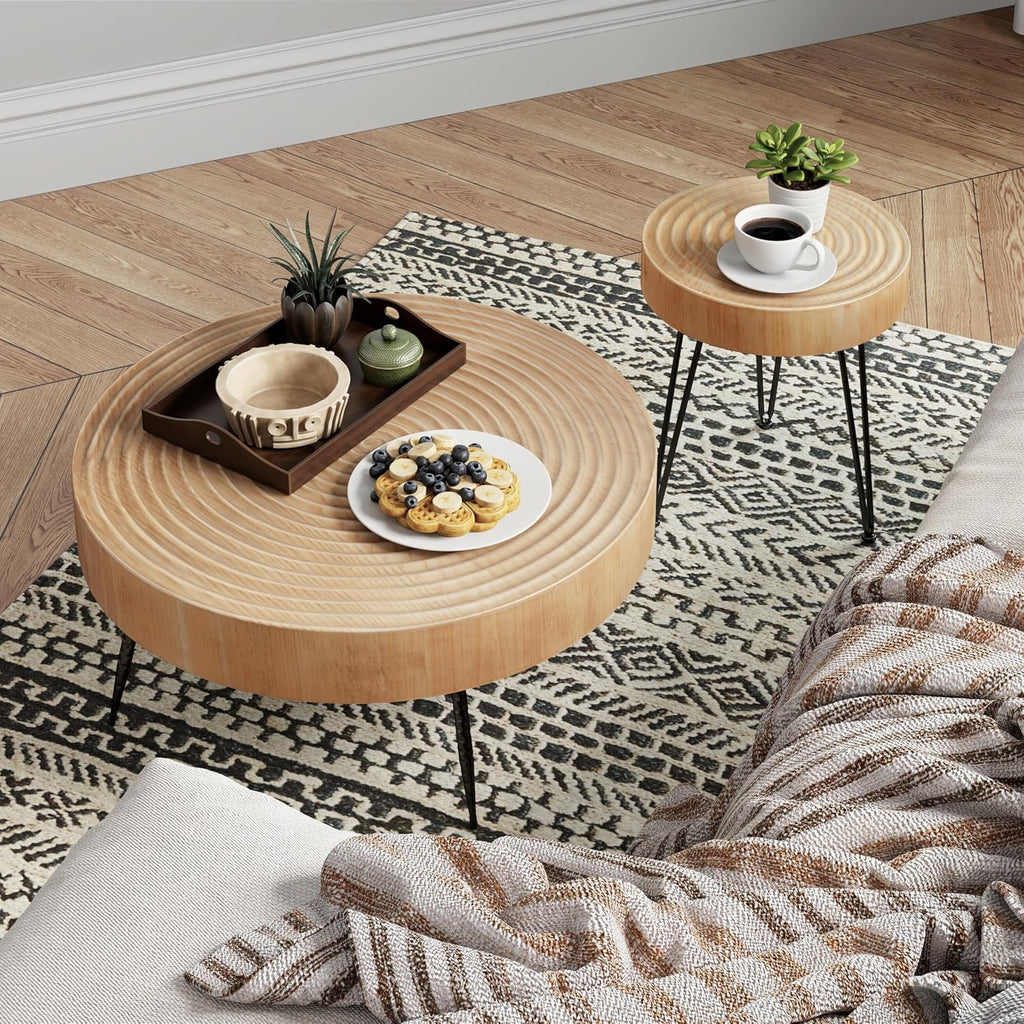 Two-Piece Modern Farmhouse Living Room Coffee Table Set Round Nesting Tables wourant